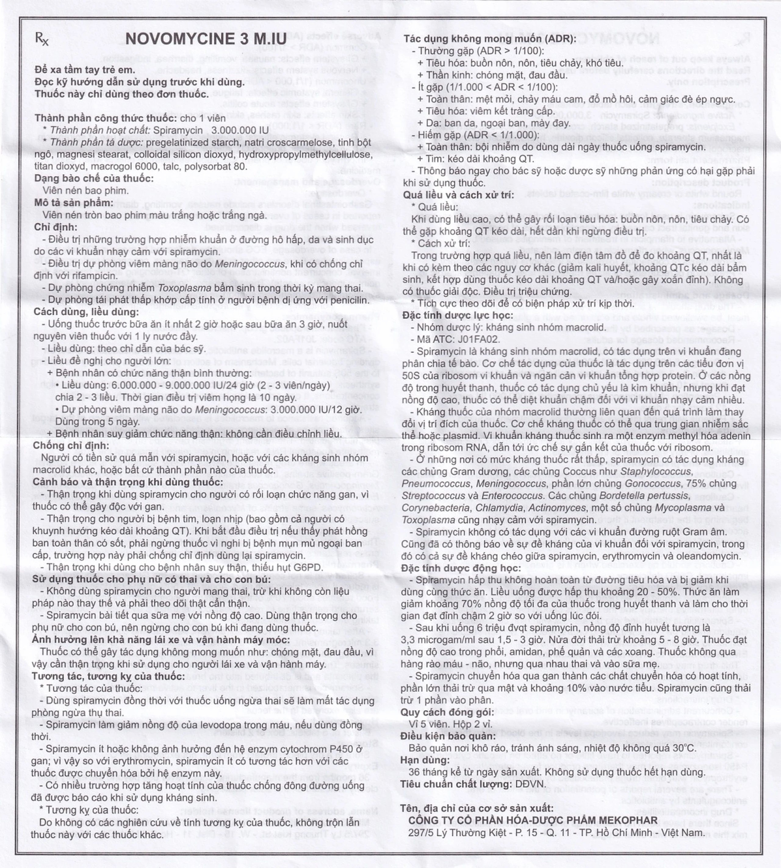 Thuốc Novomycine 3 M.IU Mekophar điều trị nhiễm khuẩn đường hô hấp, da và sinh dục ( 2 vỉ x 5 viên)