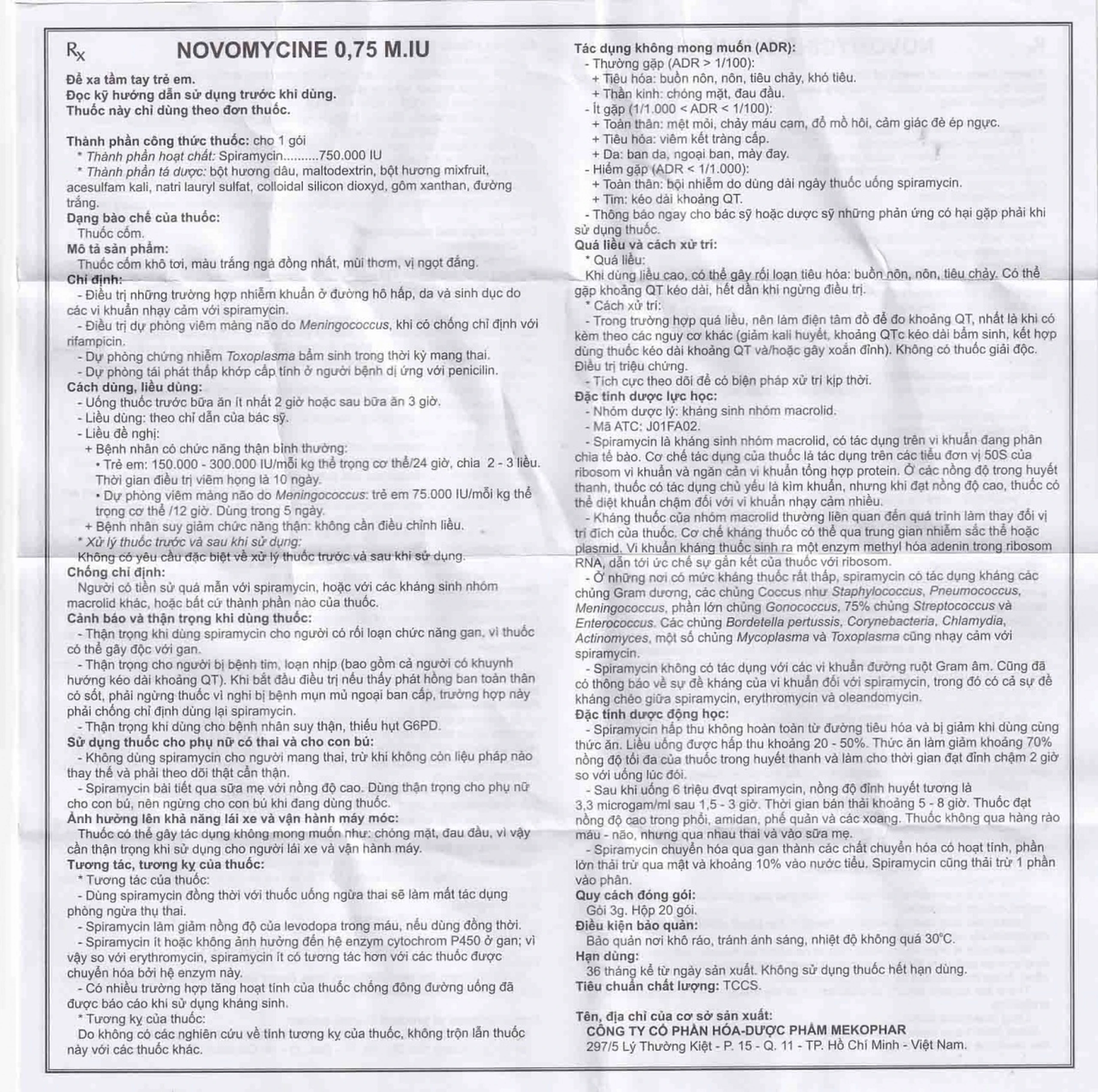 Thuốc cốm Novomycine 0,75 M.IU Mekophar điều trị nhiễm khuẩn đường hô hấp, da và sinh dục (20 gói x 3g)