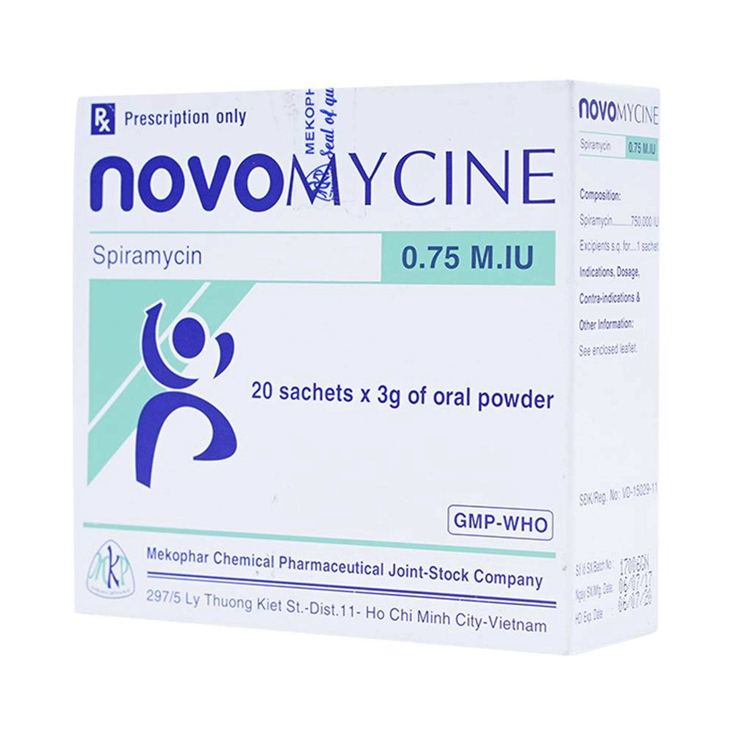 Thuốc cốm Novomycine 0,75 M.IU Mekophar điều trị nhiễm khuẩn đường hô hấp, da và sinh dục (20 gói x 3g)