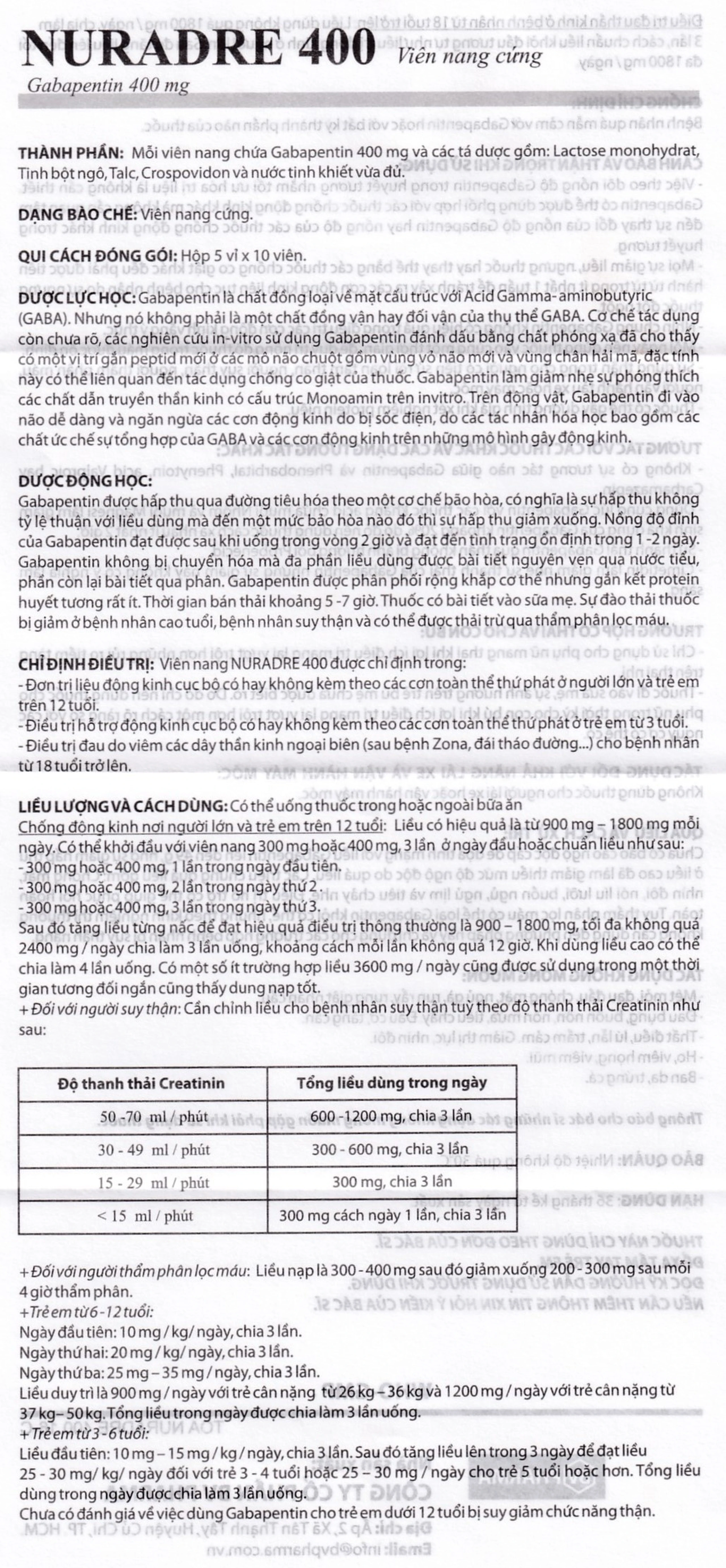 Viên nang cứng Nuradre 400 BV Pharma điều trị động kinh cục bộ (5 vỉ x 10 viên)