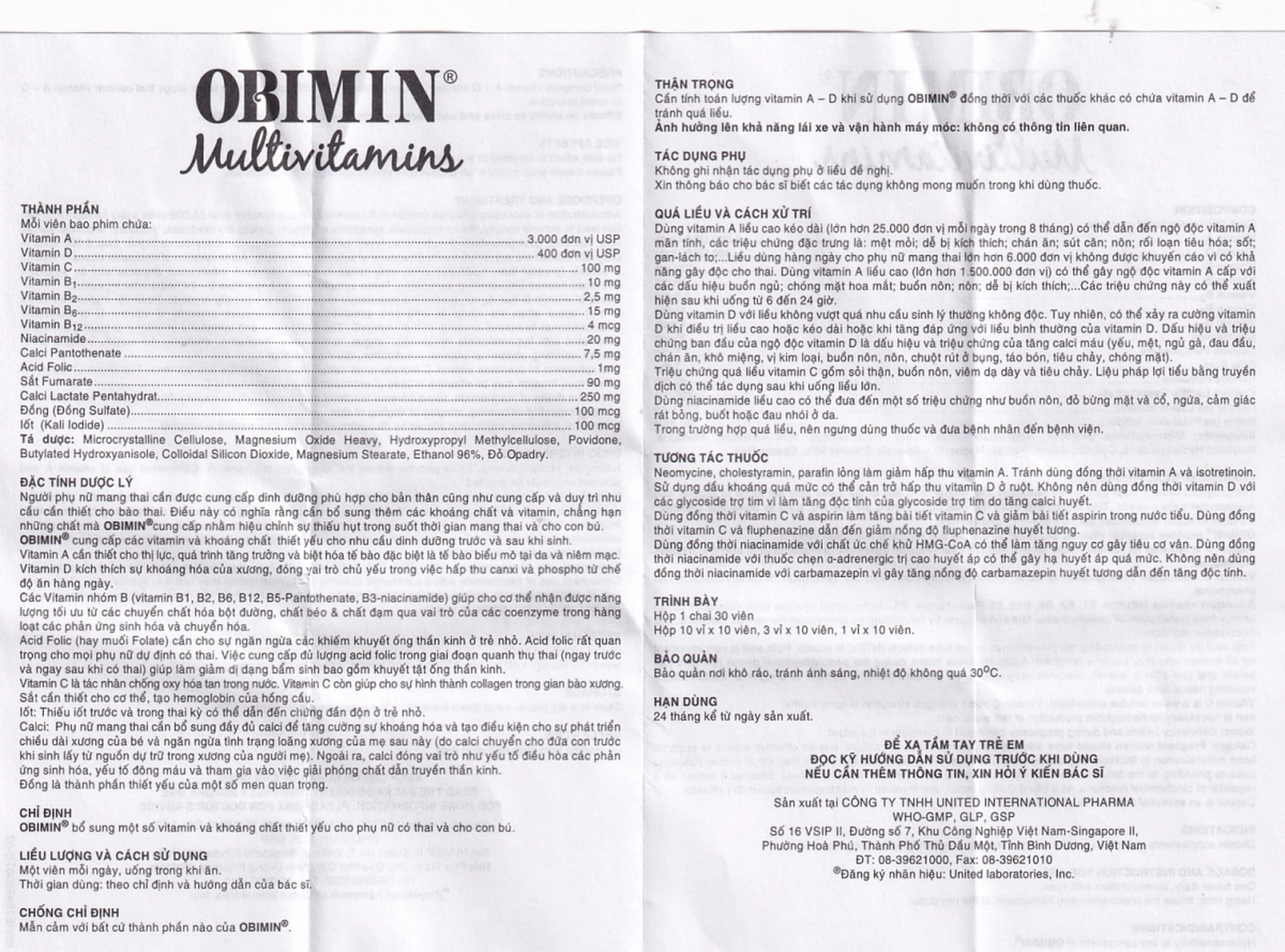 Viên nén Obimin Multivitamins United bổ sung vitamin và khoáng chất (3 vỉ x 10 viên)