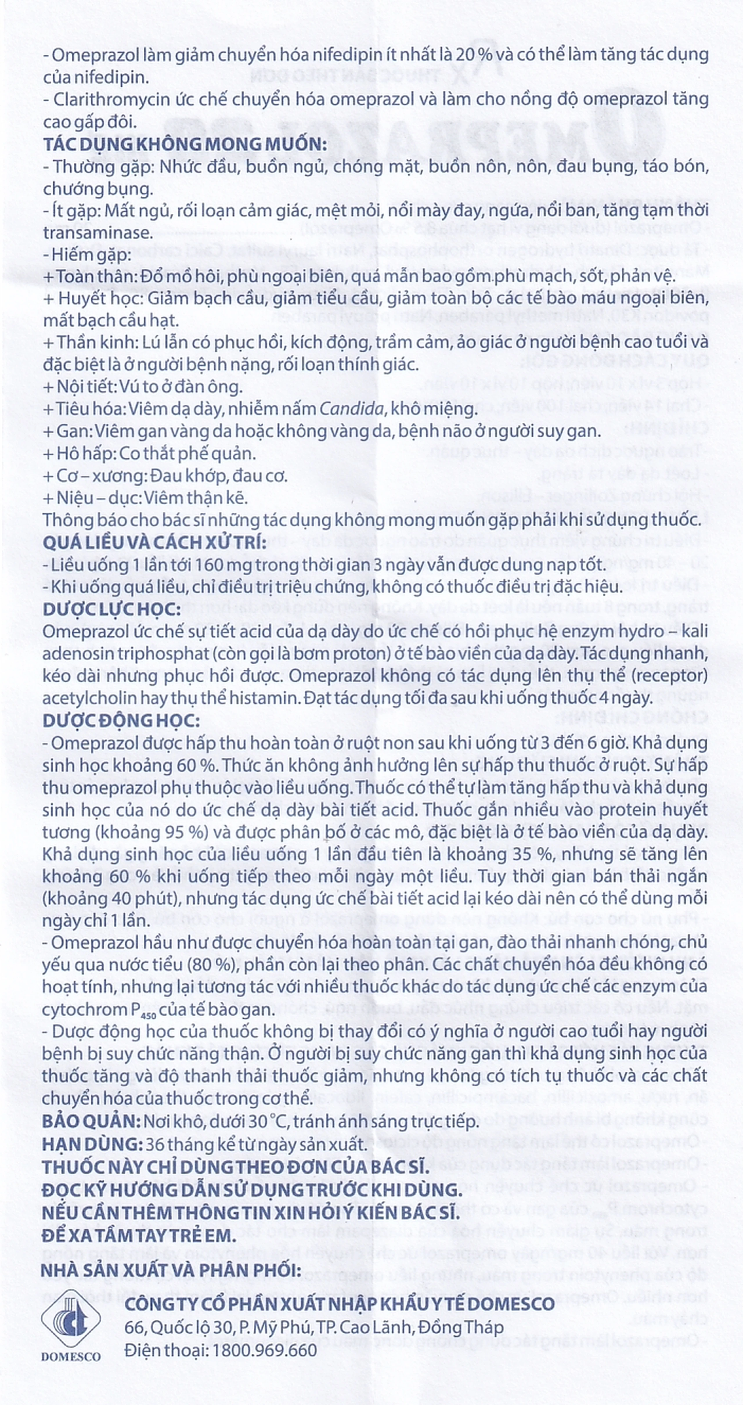 Viên nang cứng Omeprazol 20mg Domesco điều trị trào ngược dạ dày - thực quản (10 vỉ x 10 viên)