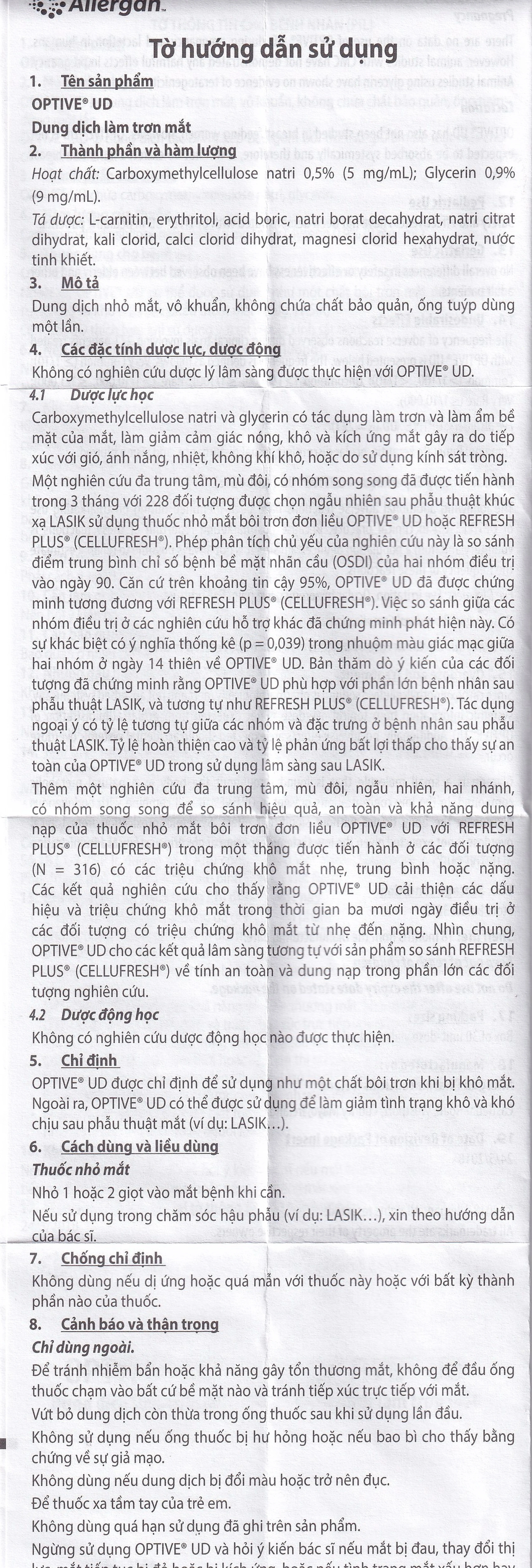 Thuốc nhỏ mắt Optive UD Allergan làm trơn mắt, giảm triệu chứng khô mắt (30 ống x 0.4ml)