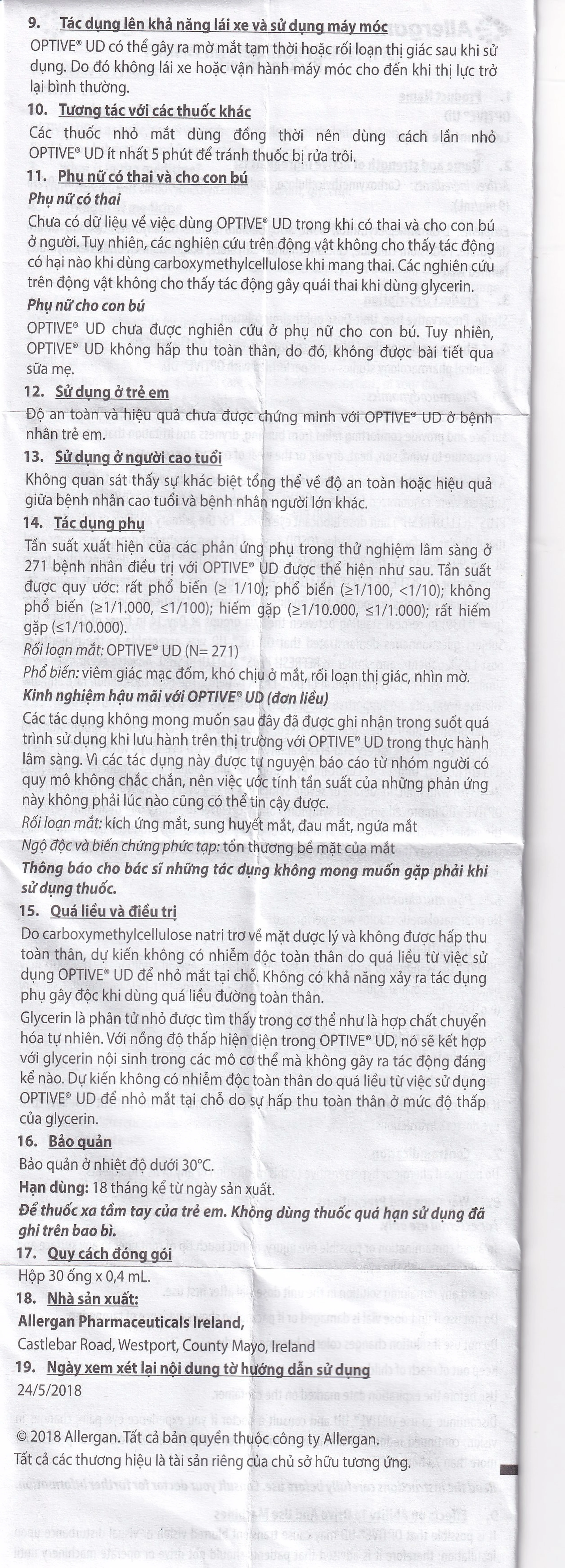 Thuốc nhỏ mắt Optive UD Allergan làm trơn mắt, giảm triệu chứng khô mắt (30 ống x 0.4ml)