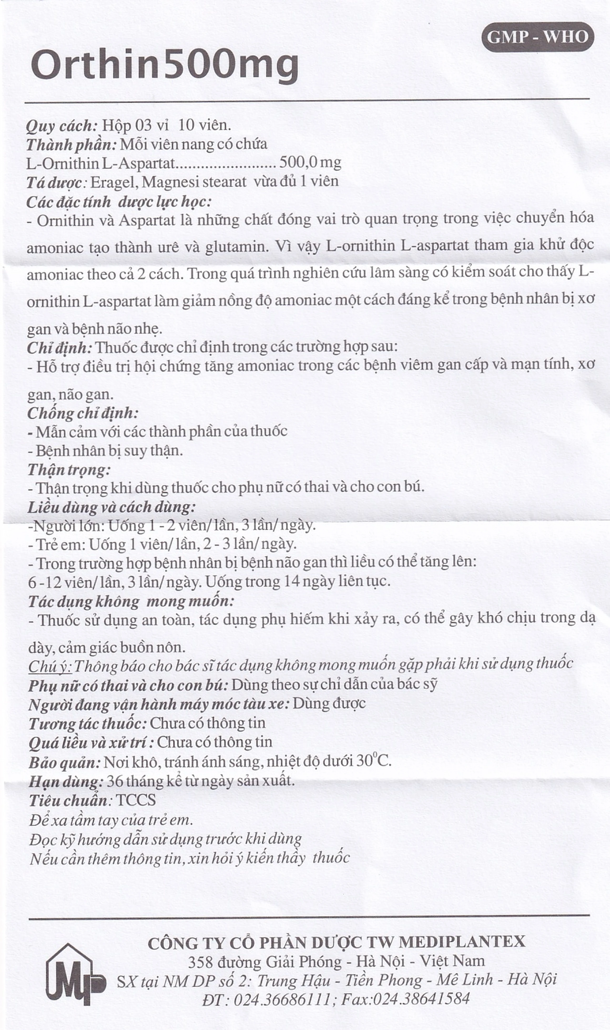 Viên nang cứng Orthin 500mg Mediplantex điều trị hội chứng tăng amoniac (3 vỉ x 10 viên)