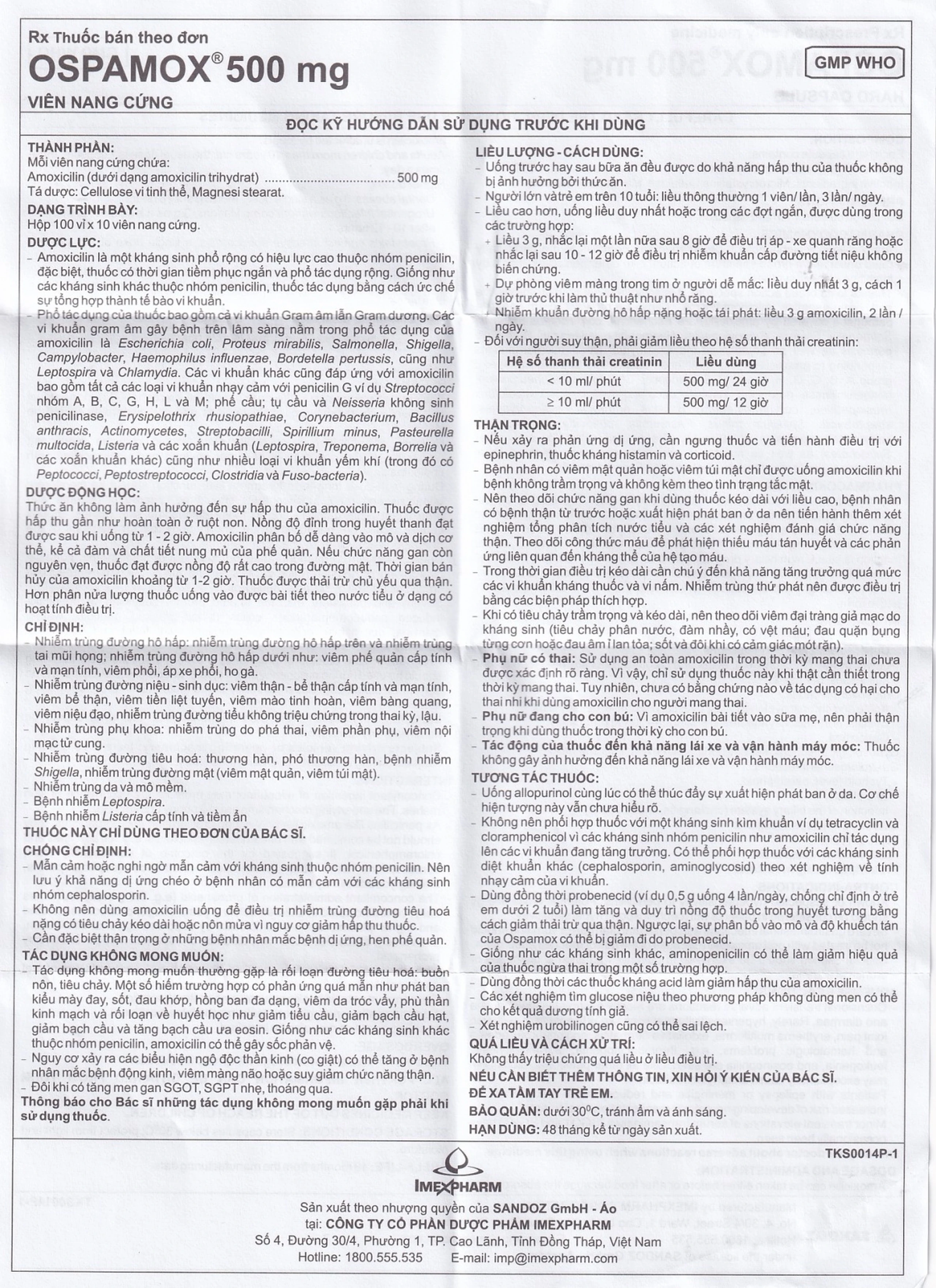 Thuốc Ospamox 500mg Imexpharm điều trị nhiễm trùng đường hô hấp, viêm phế quản (100 vỉ x 10 viên) 
