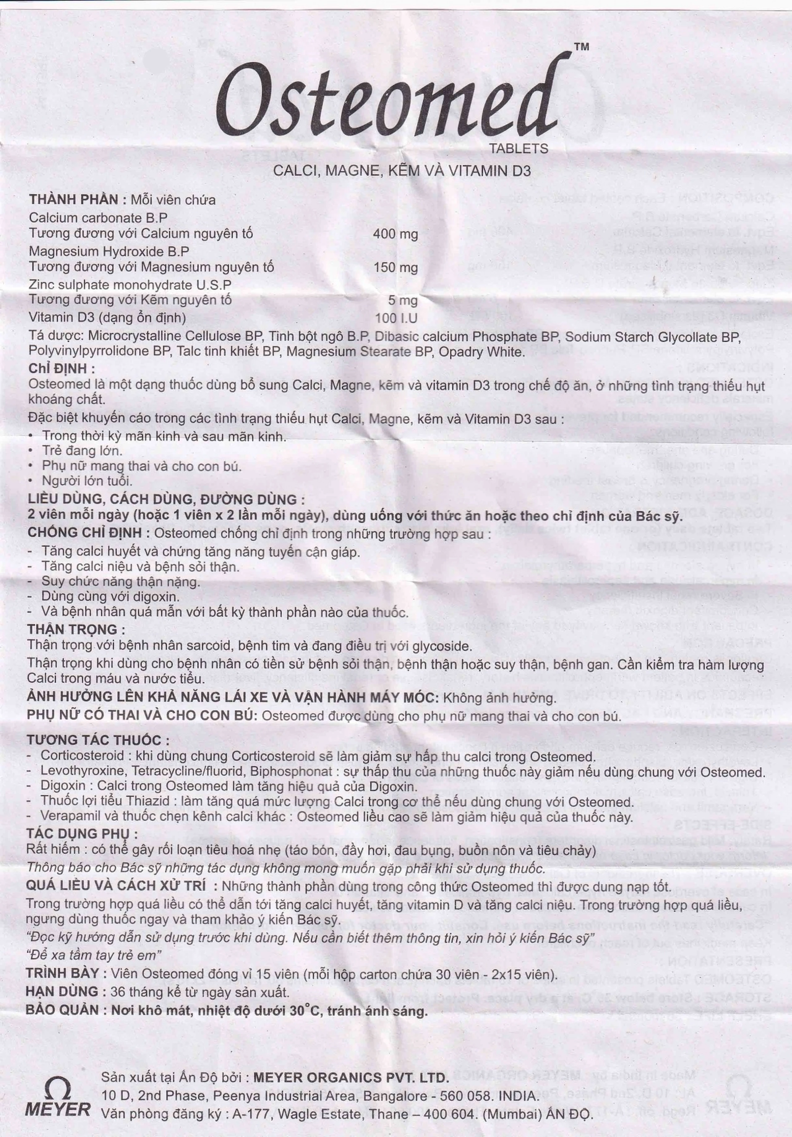 Viên nén Osteomed Meyer bổ sung canxi, Magne, kẽm, vitamin D3 và khoáng chất (2 vỉ x 15 viên)