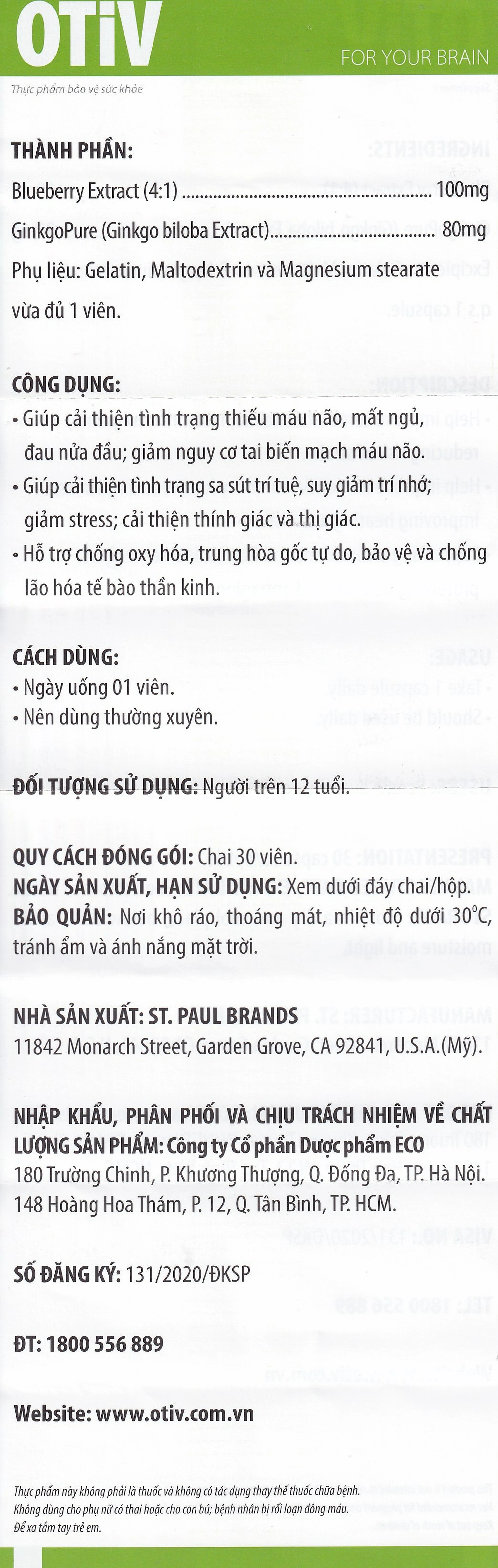 Viên uống giúp tăng cường dưỡng chất cho não Ecogreen OTiV (30 viên)