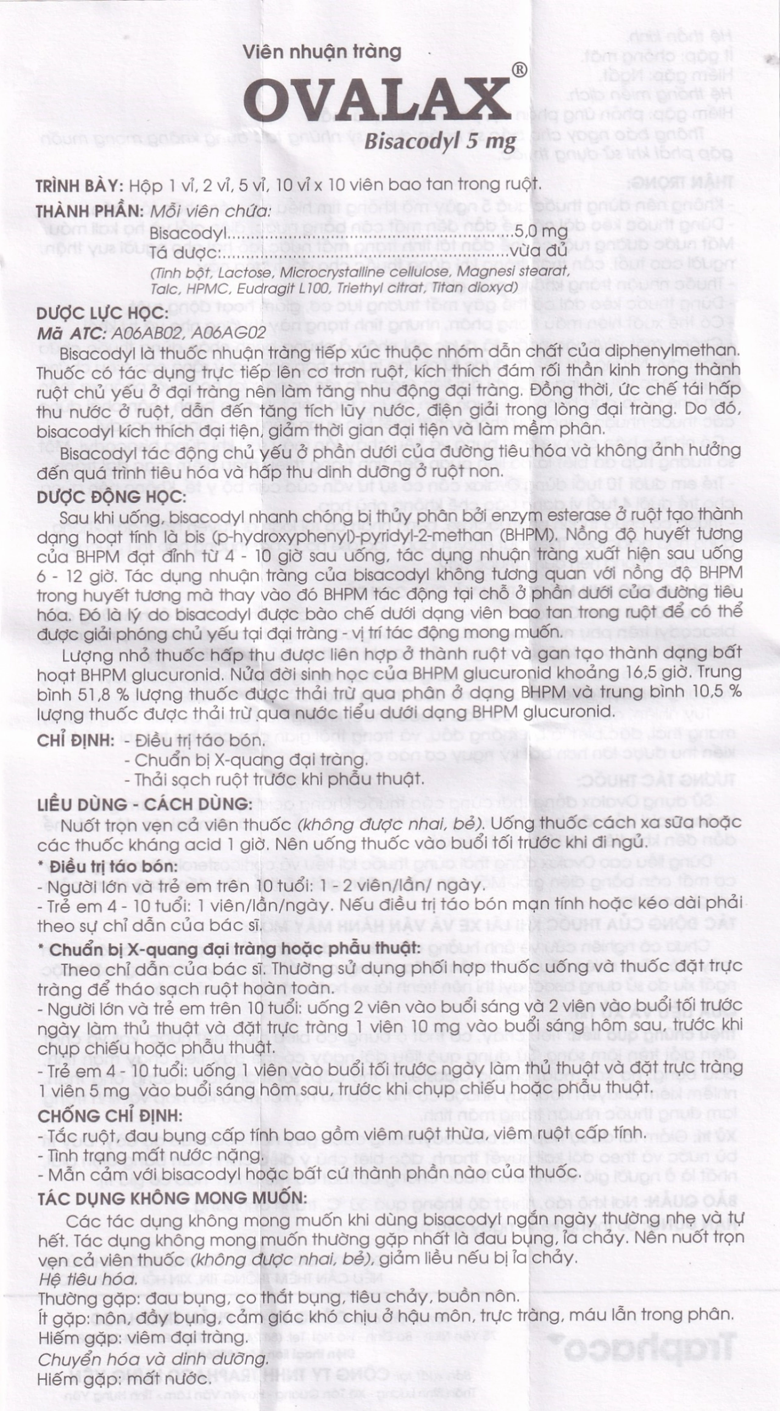Viên nhuận tràng Ovalax 5mg Traphaco điều trị táo bón, làm sạch ruột (1 vỉ x 10 viên)