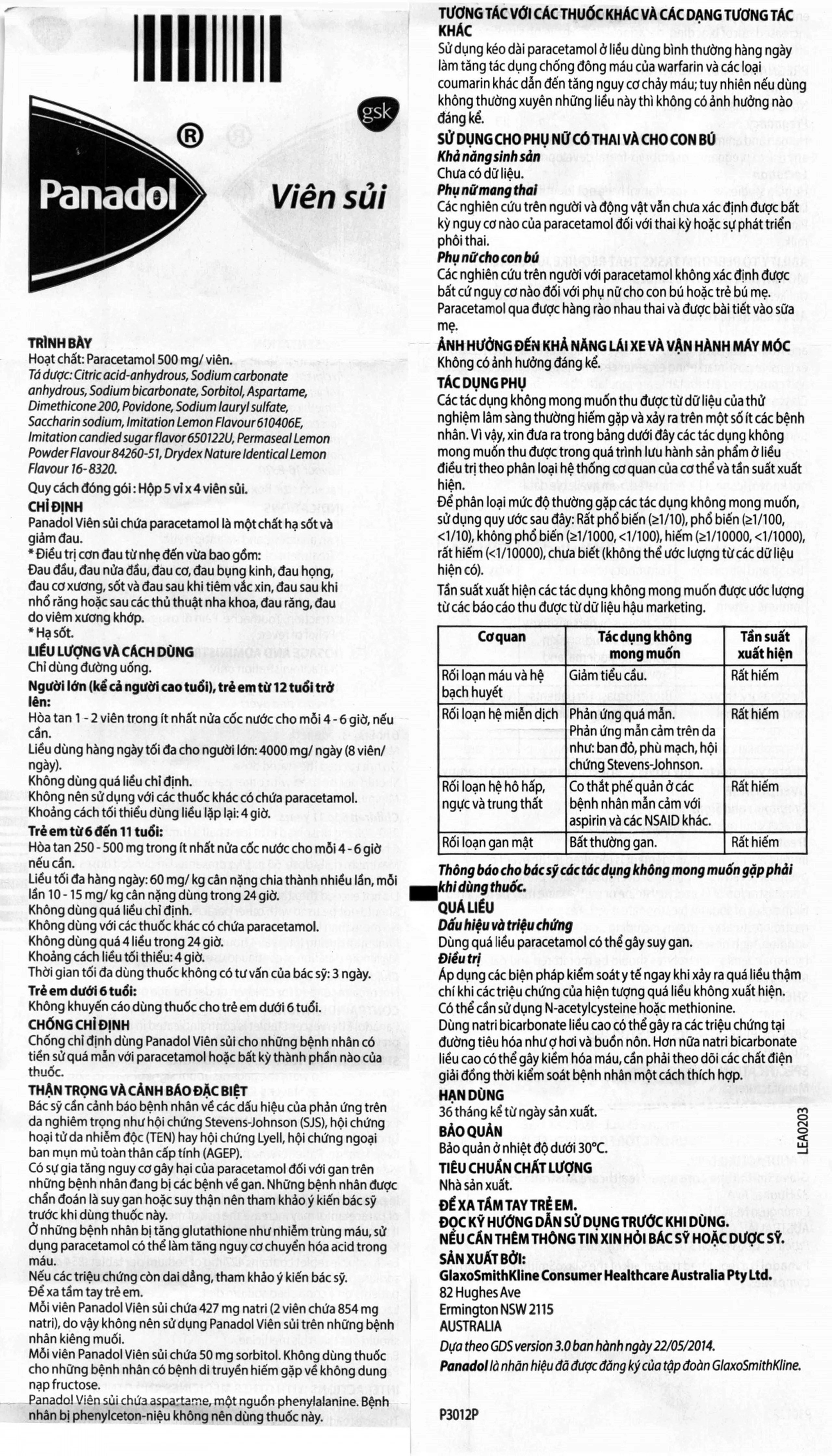 Viên sủi Panadol 500mg GSK vị chanh - giảm đau, hạ sốt, không hại dạ dày (5 vỉ x 4 viên)