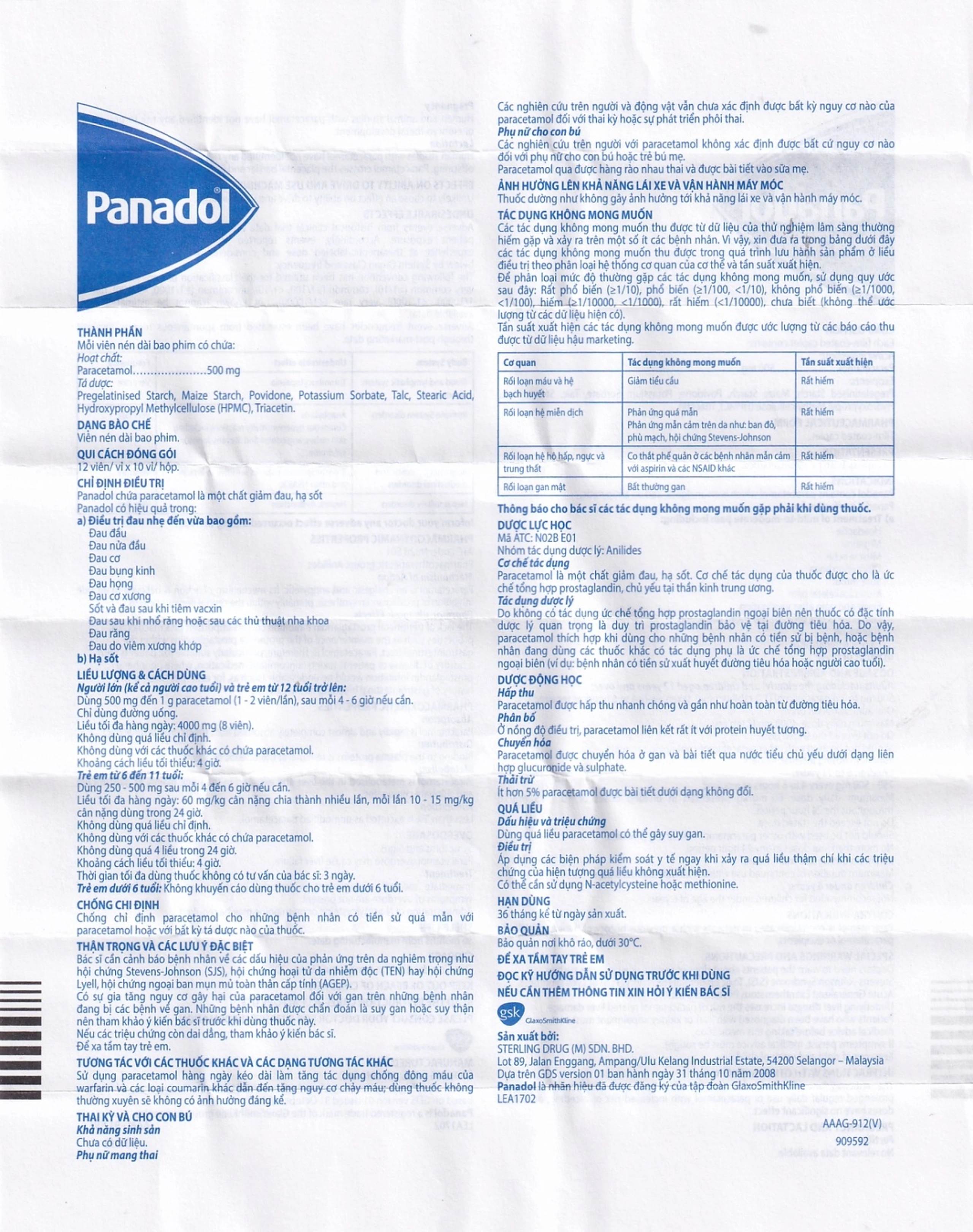 Viên nén Panadol 500mg GSK giảm đau, hạ sốt, điều trị đau đầu, đau cơ (10 vỉ x 12 viên)