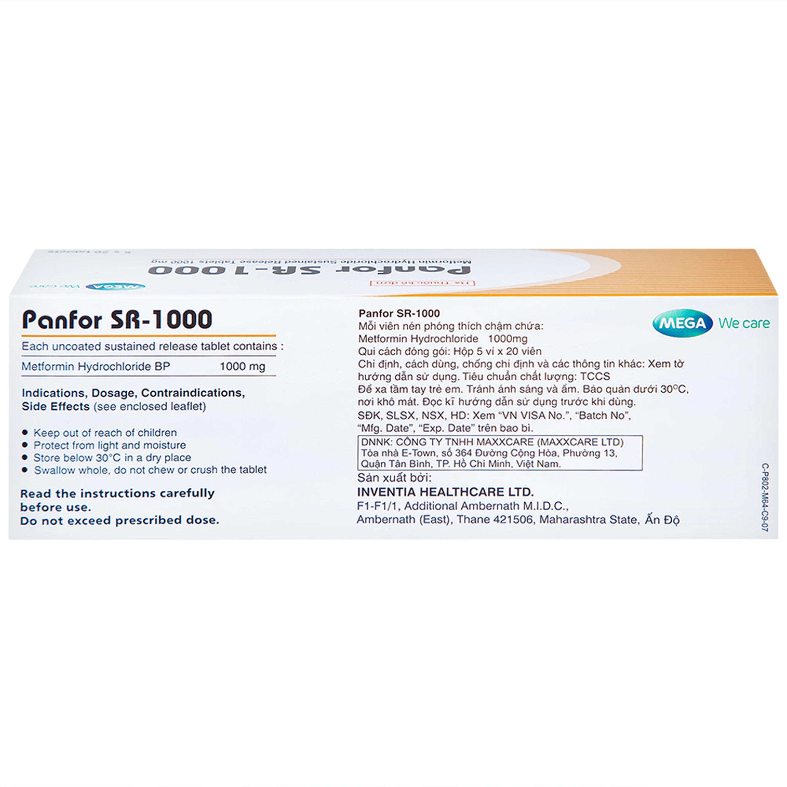 Viên nén Panfor SR-1000 MEGA We Care điều trị bệnh đái tháo đường típ 2 (5 vỉ x 20 viên)