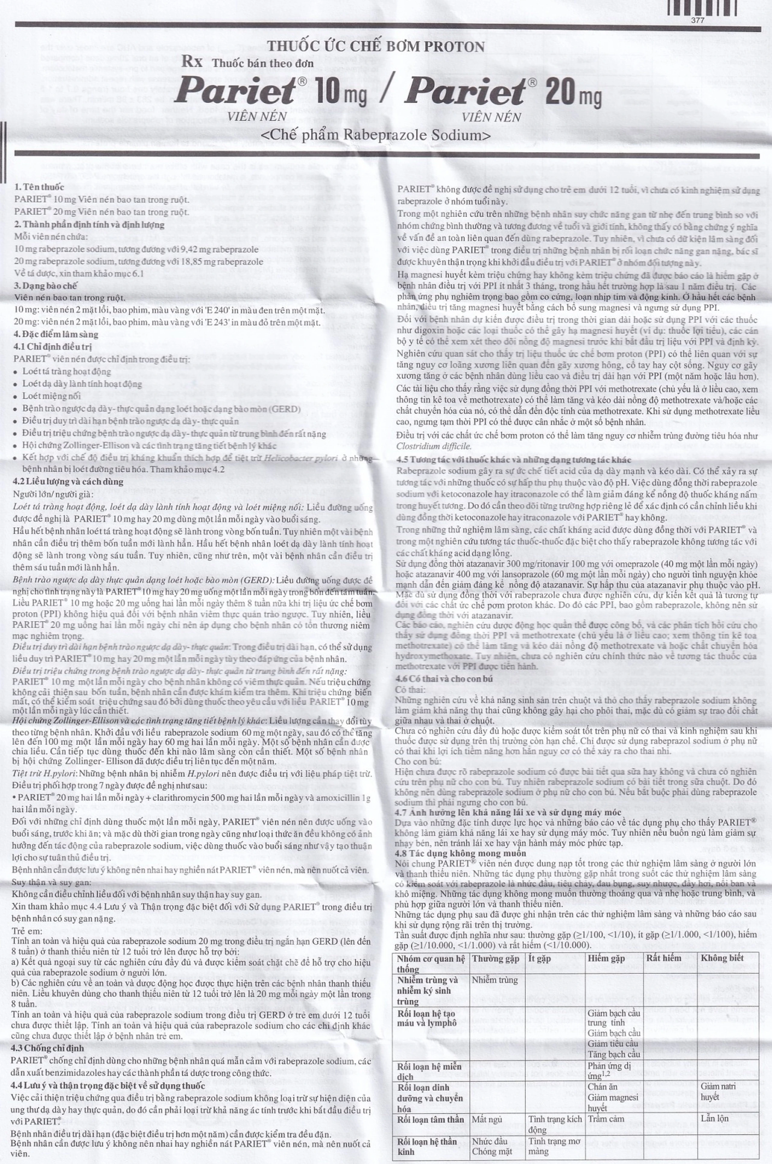 Thuốc ức chế bơm Proton Pariet 20mg Eisai điều trị loét dạ dày, tá tràng (1 vỉ x 14 viên) 