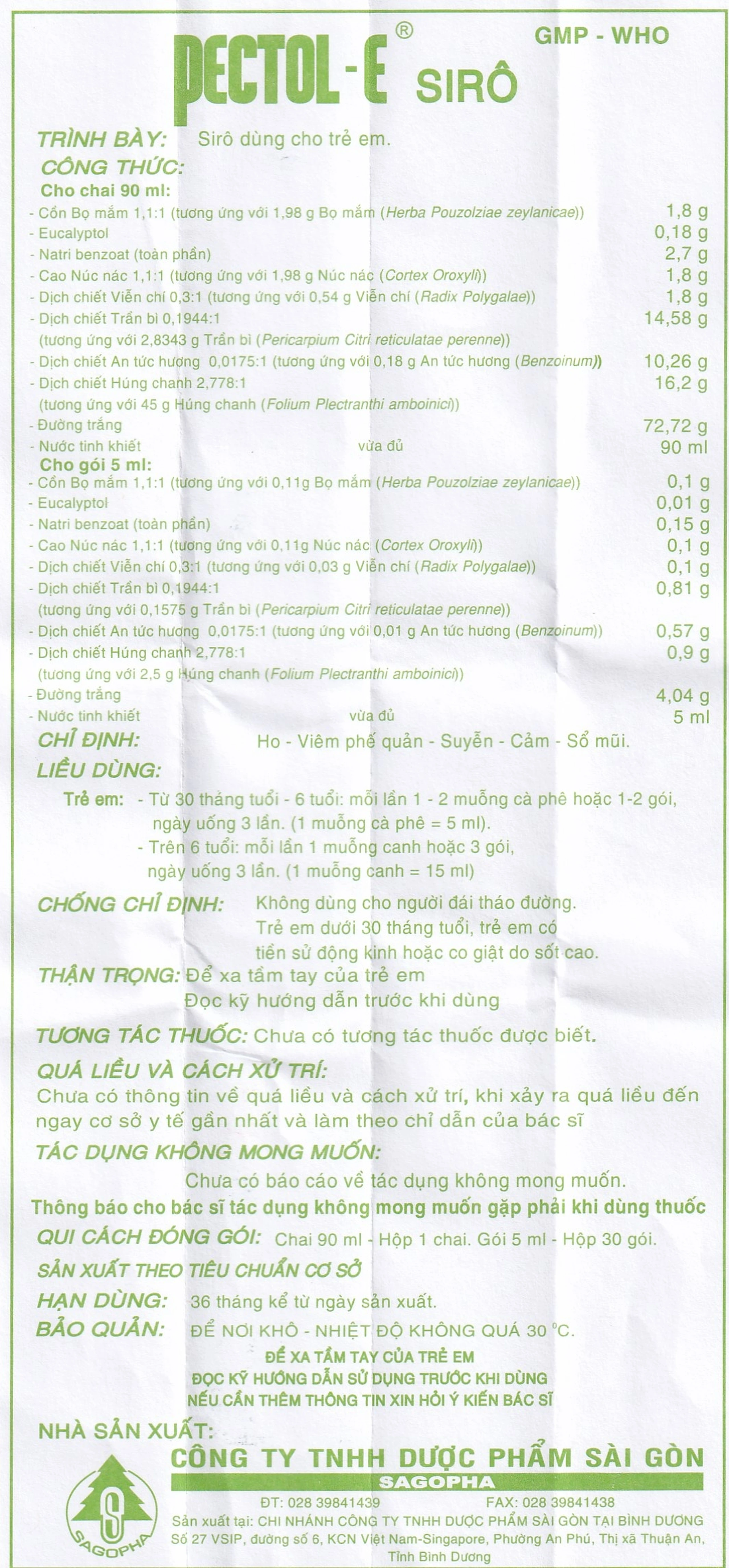 Siro trị ho trẻ em Pectol-E Sagopha điều trị ho, viêm phế quản, suyễn, cảm, sổ mũi (90ml)