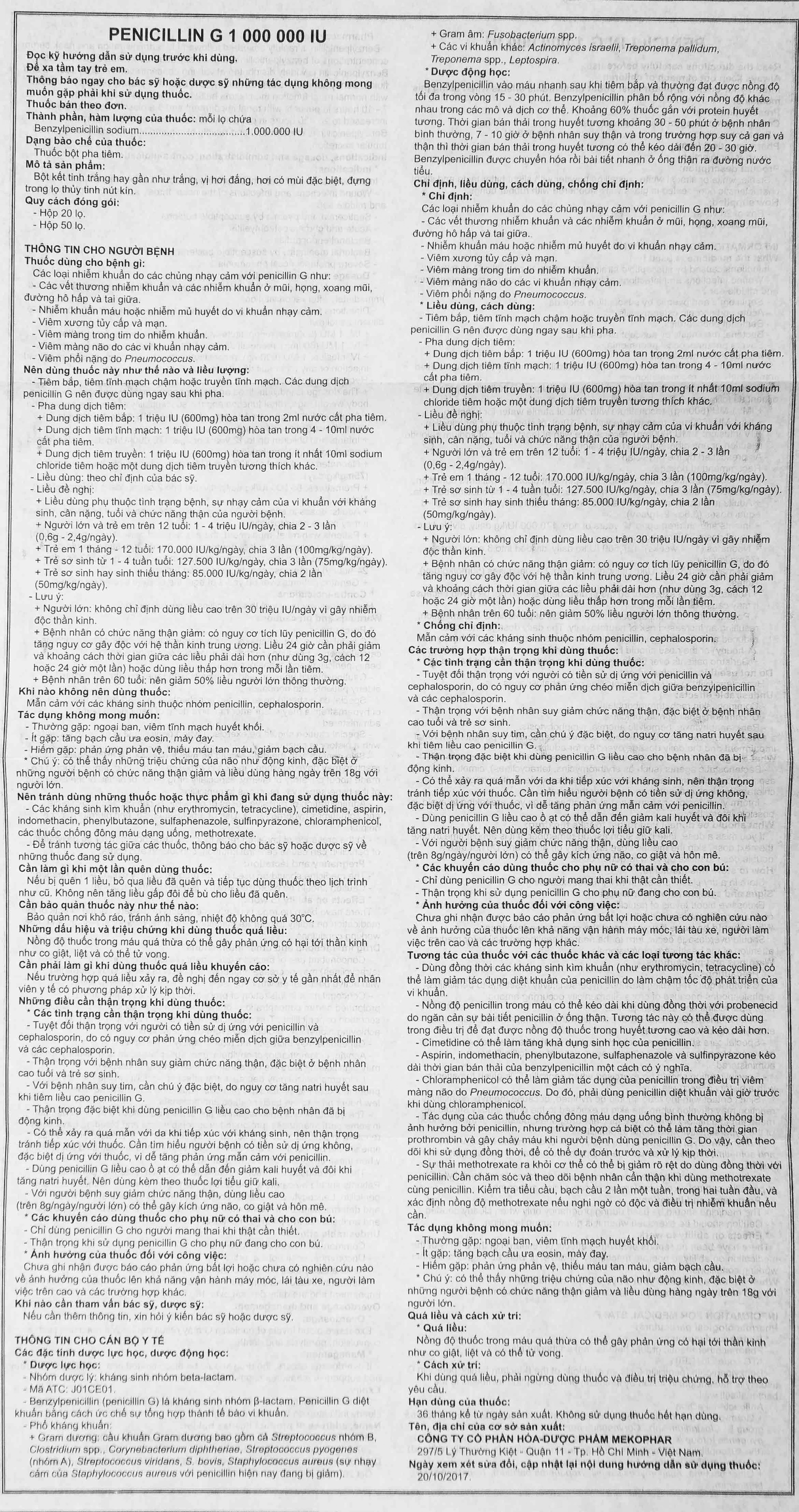 Bột pha tiêm Penicillin G 1 000 000 IU Mekophar điều trị các chứng nhiễm khuẩn (50 lọ)	