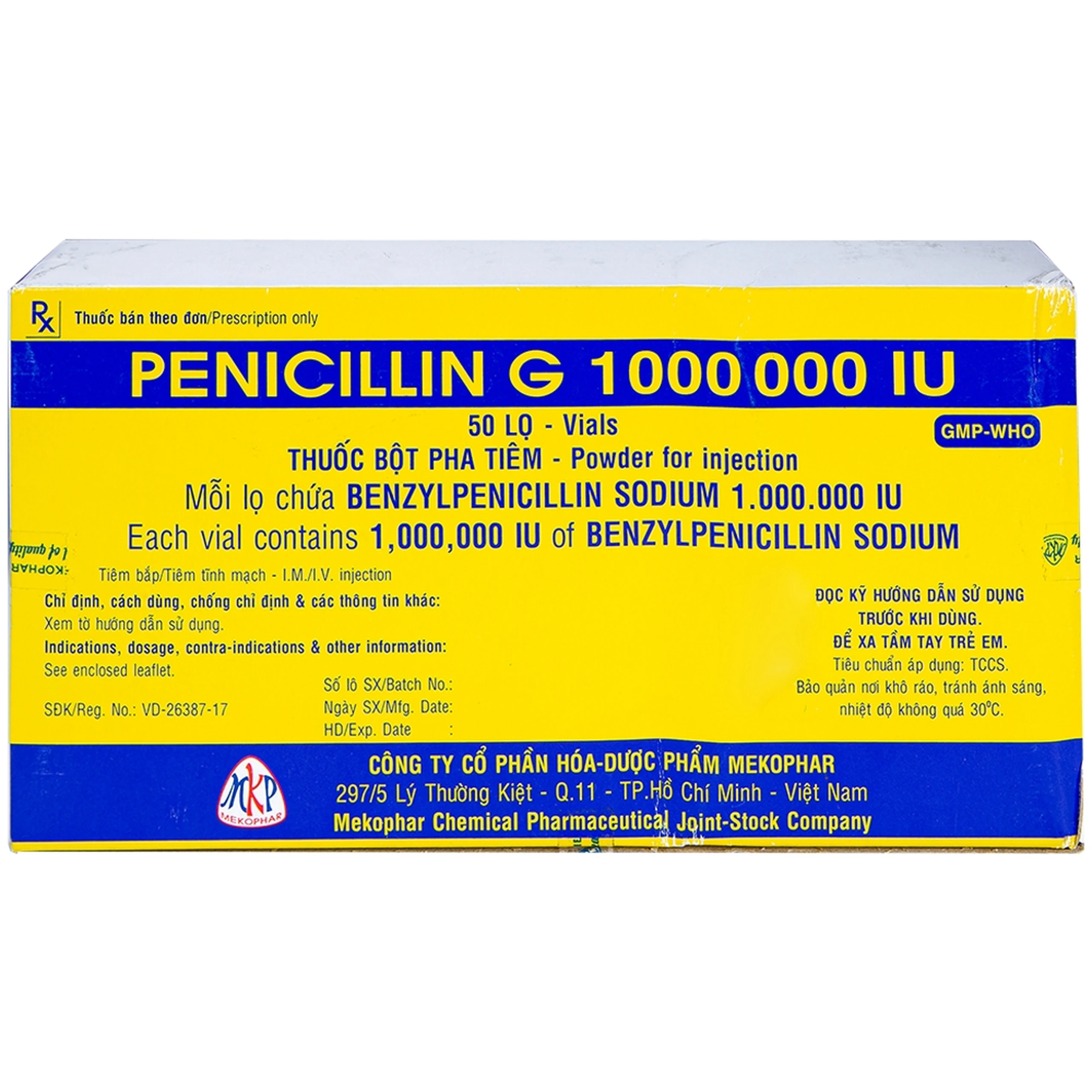 Bột pha tiêm Penicillin G 1 000 000 IU Mekophar điều trị các chứng nhiễm khuẩn (50 lọ)	