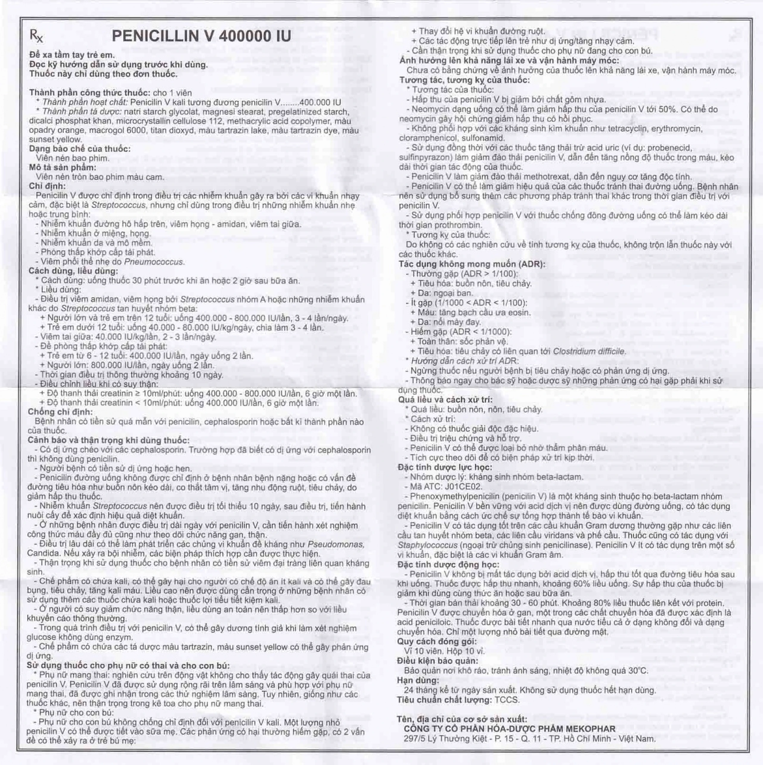 Thuốc Penicillin V 400000 IU Mekophar điều trị các chứng nhiễm khuẩn (10 vỉ x 10 viên)