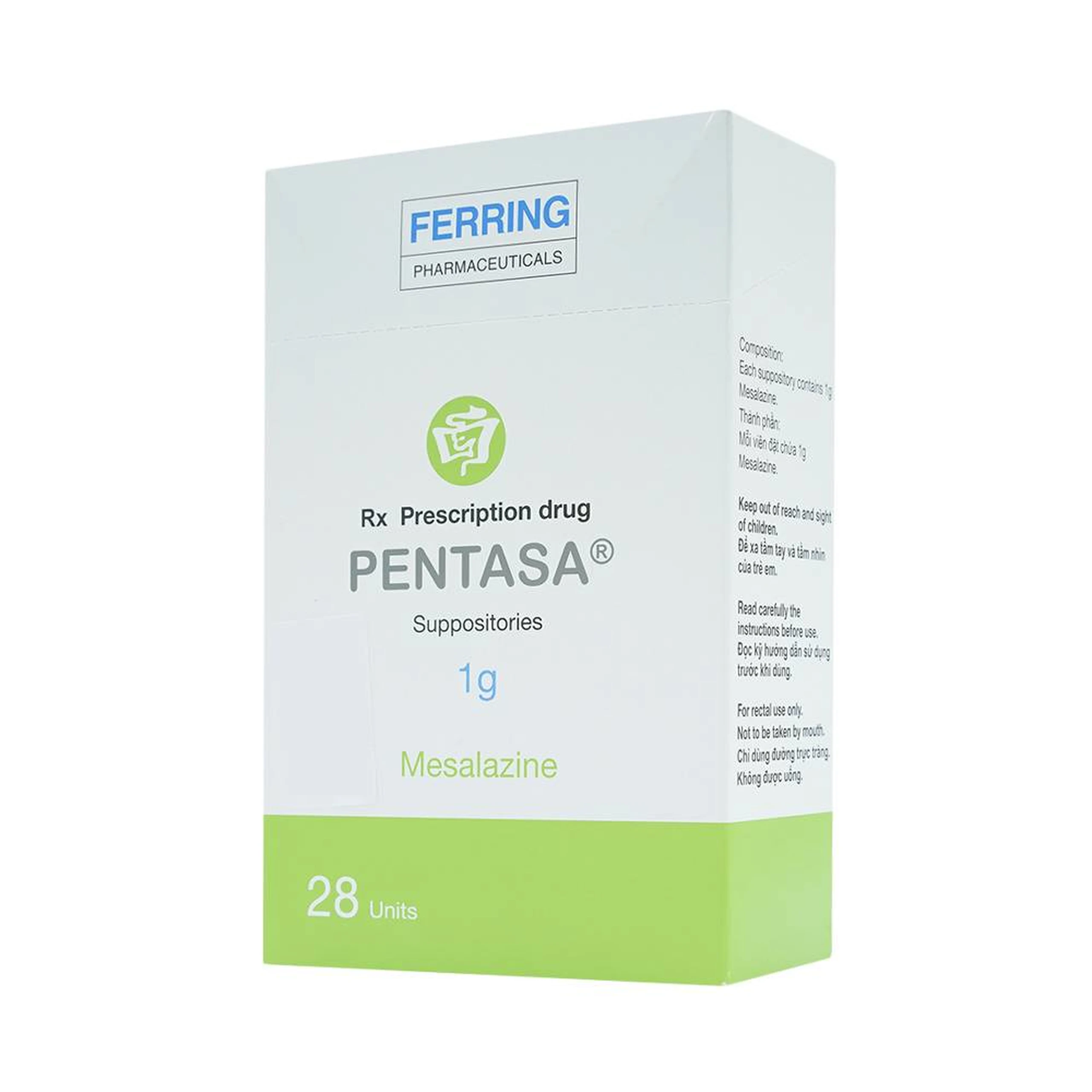 Viên đặt trực tràng Pentasa 1g Ferring điều trị viêm loét dạ dày, trực tràng (4 vỉ x 7 viên)