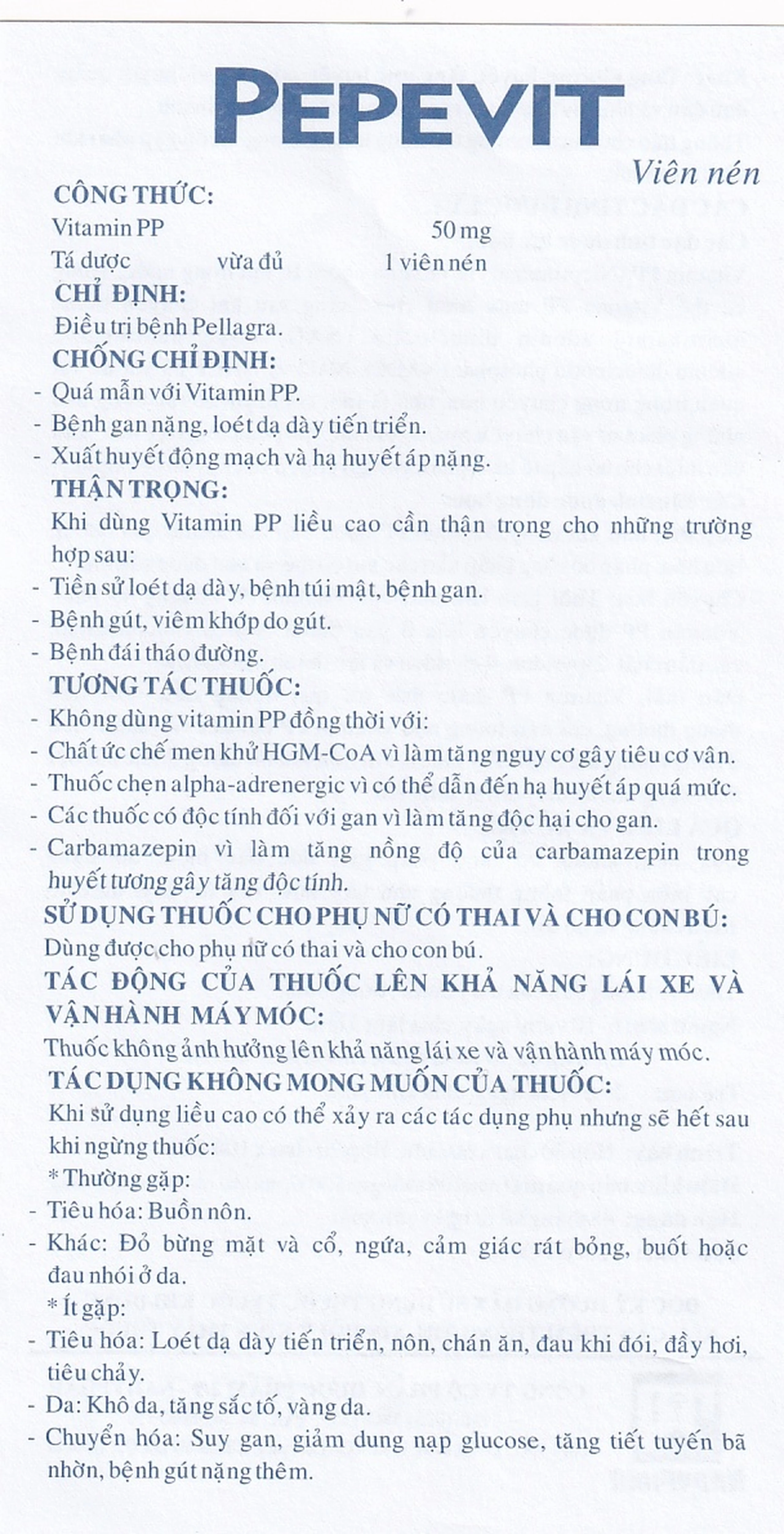 Viên nén Pepevit 50mg Nadyphar điều trị bệnh Pellagra (100 viên)