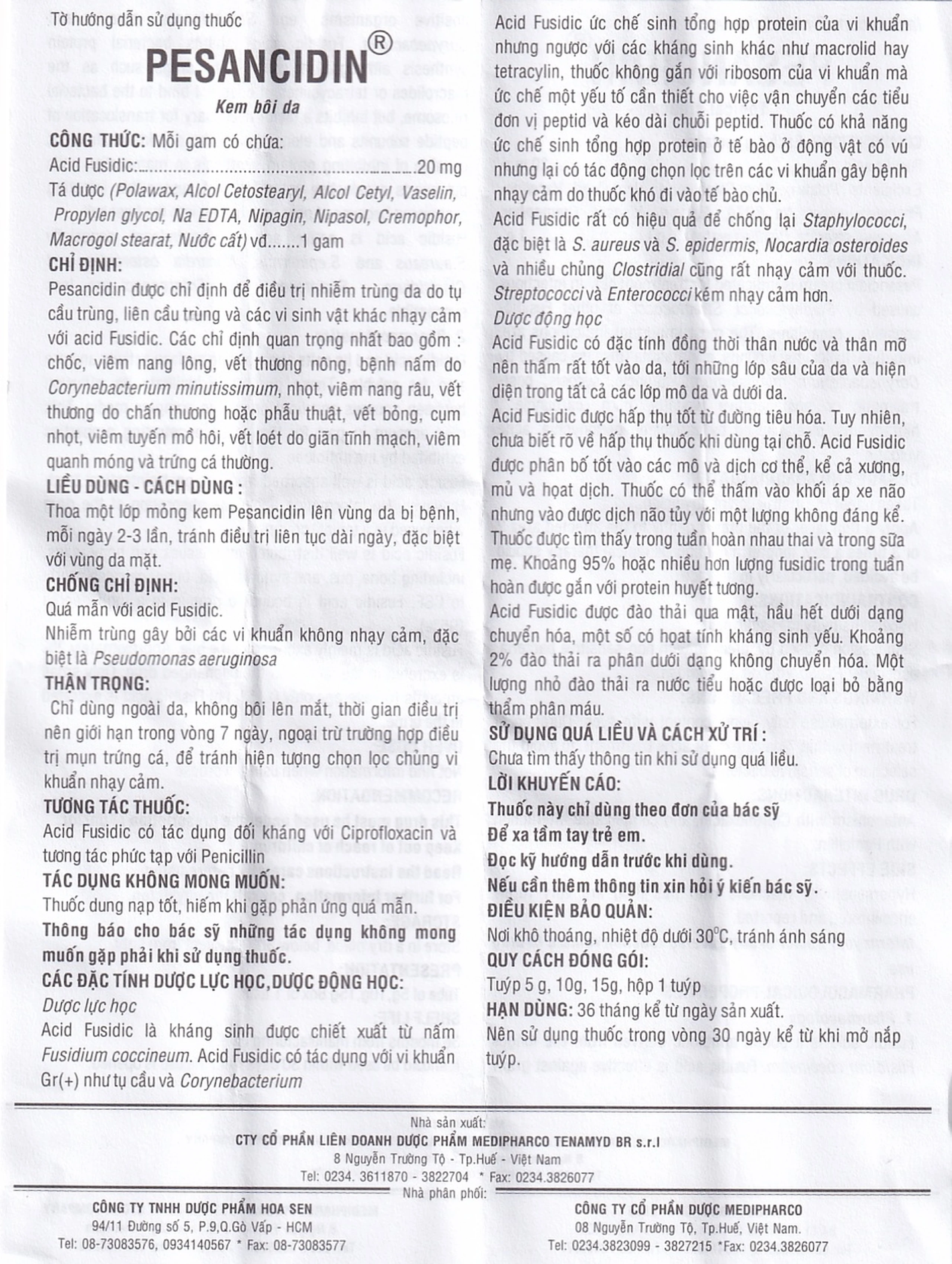 Kem bôi da Pesancidin Medipharco điều trị nhiễm trùng da (10g) 