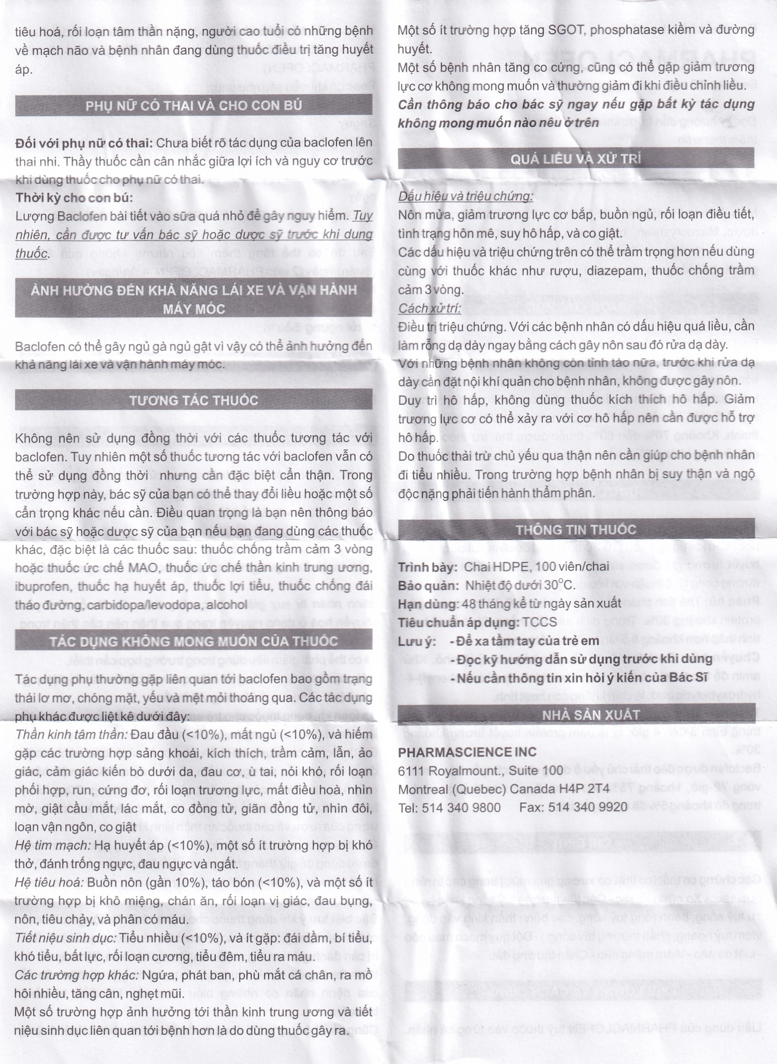 Viên nén Pharmaclofen 10mg Pharmascience điều trị các chứng co thắt cơ xương (100 viên)