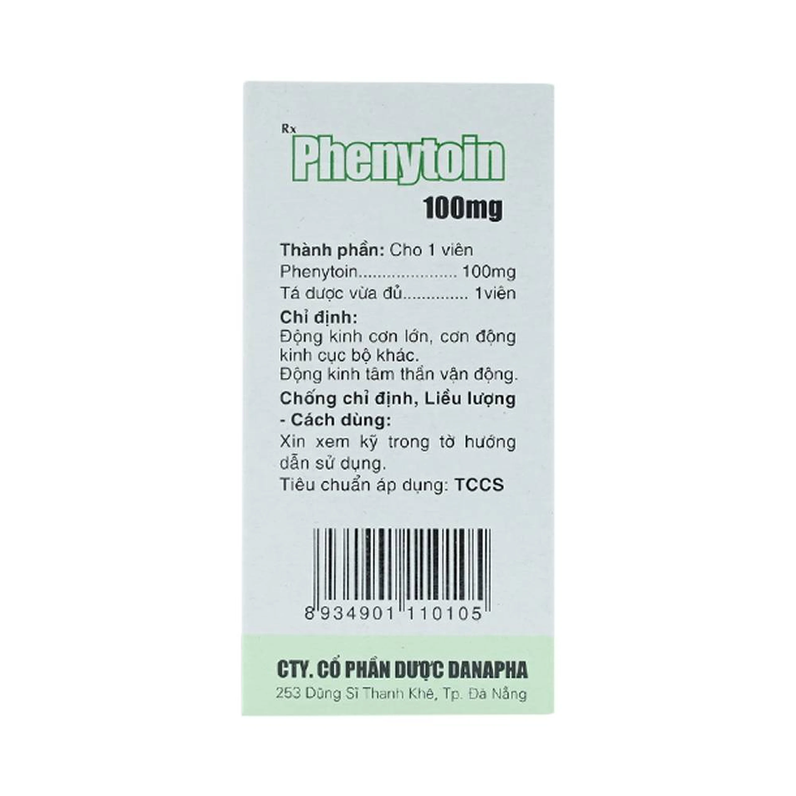 Viên nén Phenytoin 100mg Danapha điều trị động kinh cơn lớn, động kinh cục bộ (100 viên)