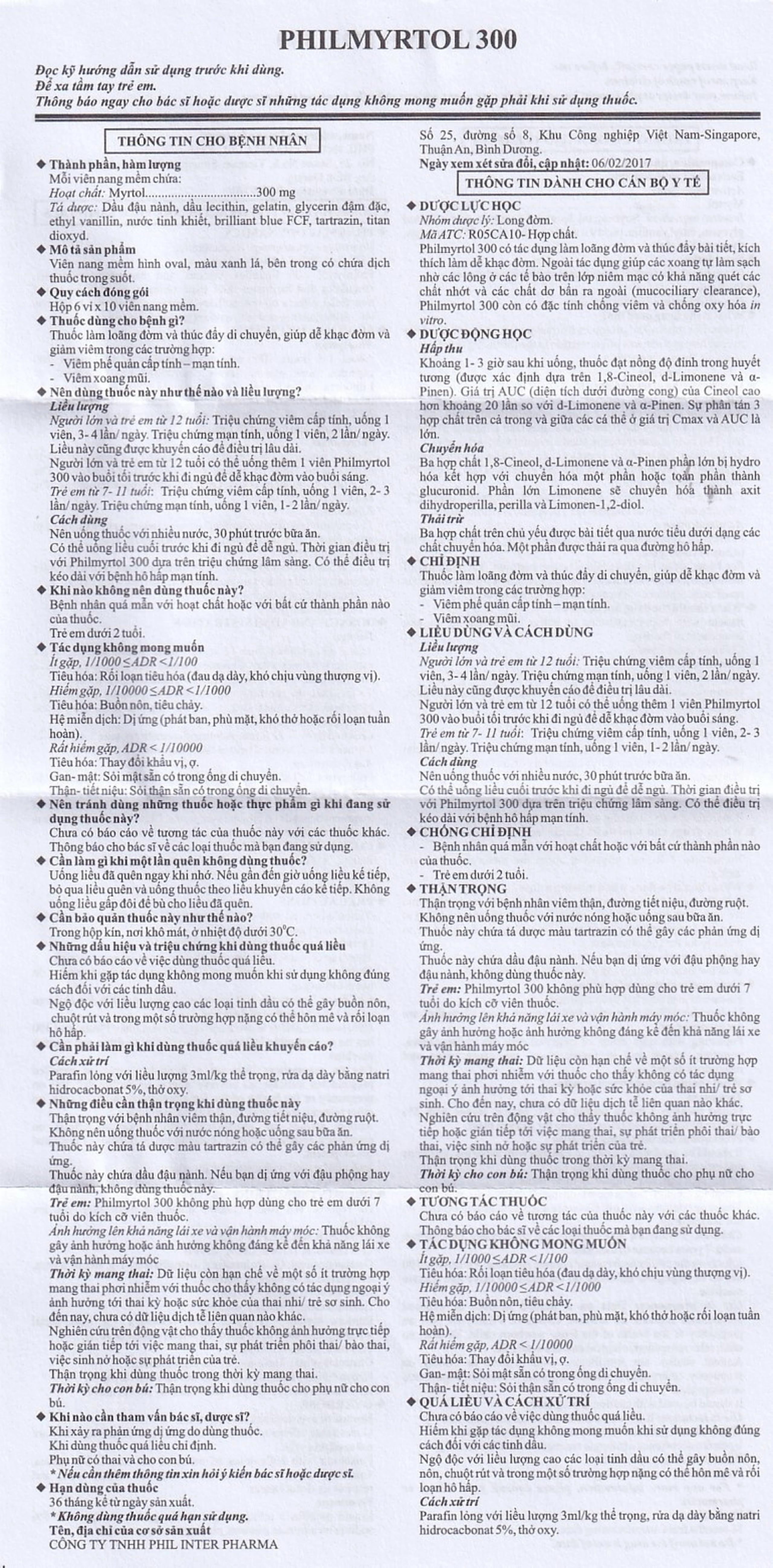 Thuốc Philmyrtol 300 Phil Inter Pharma loãng đờm, giảm viêm phế quản, viêm xoang mũi (6 vỉ x 10 viên)
