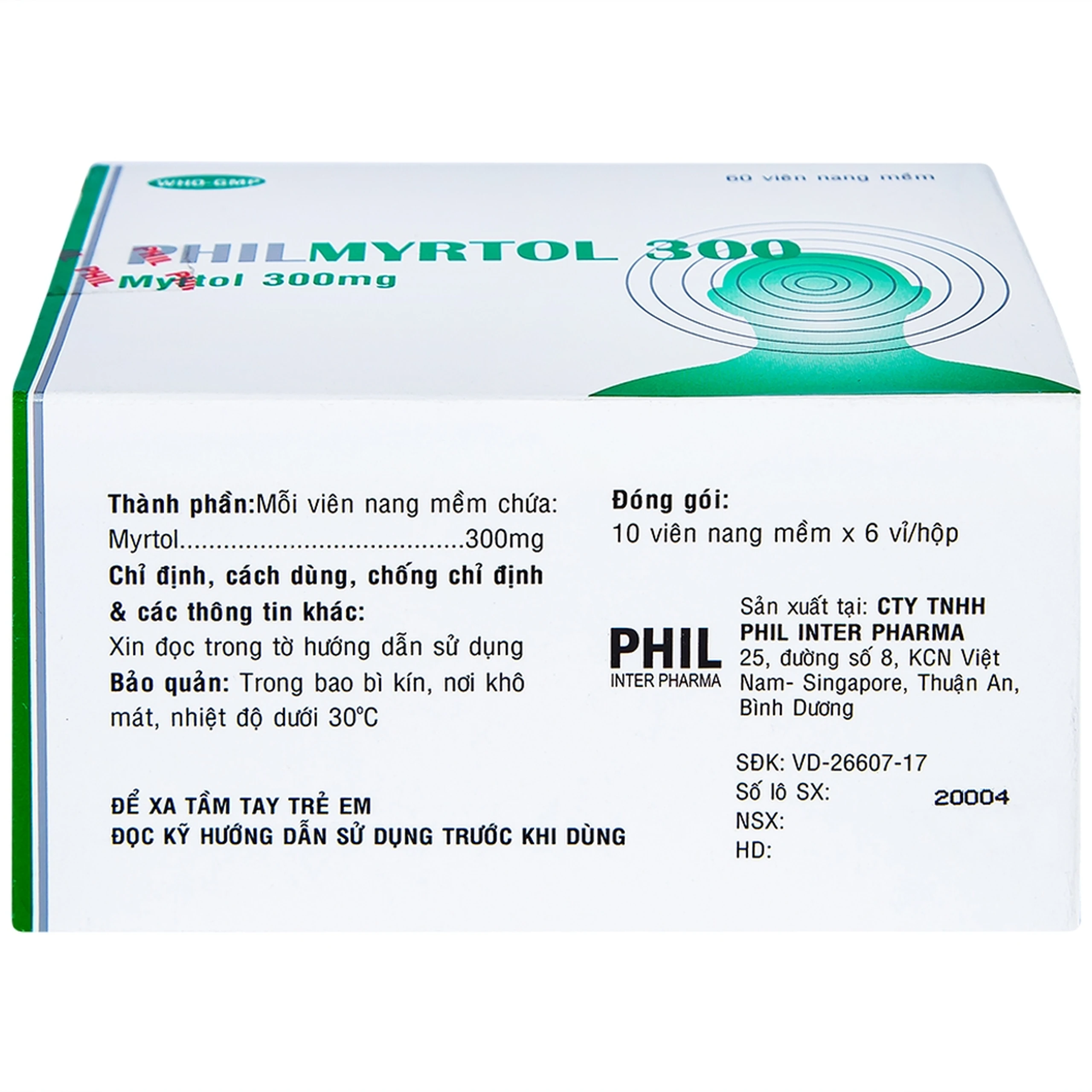 Thuốc Philmyrtol 300 Phil Inter Pharma loãng đờm, giảm viêm phế quản, viêm xoang mũi (6 vỉ x 10 viên)
