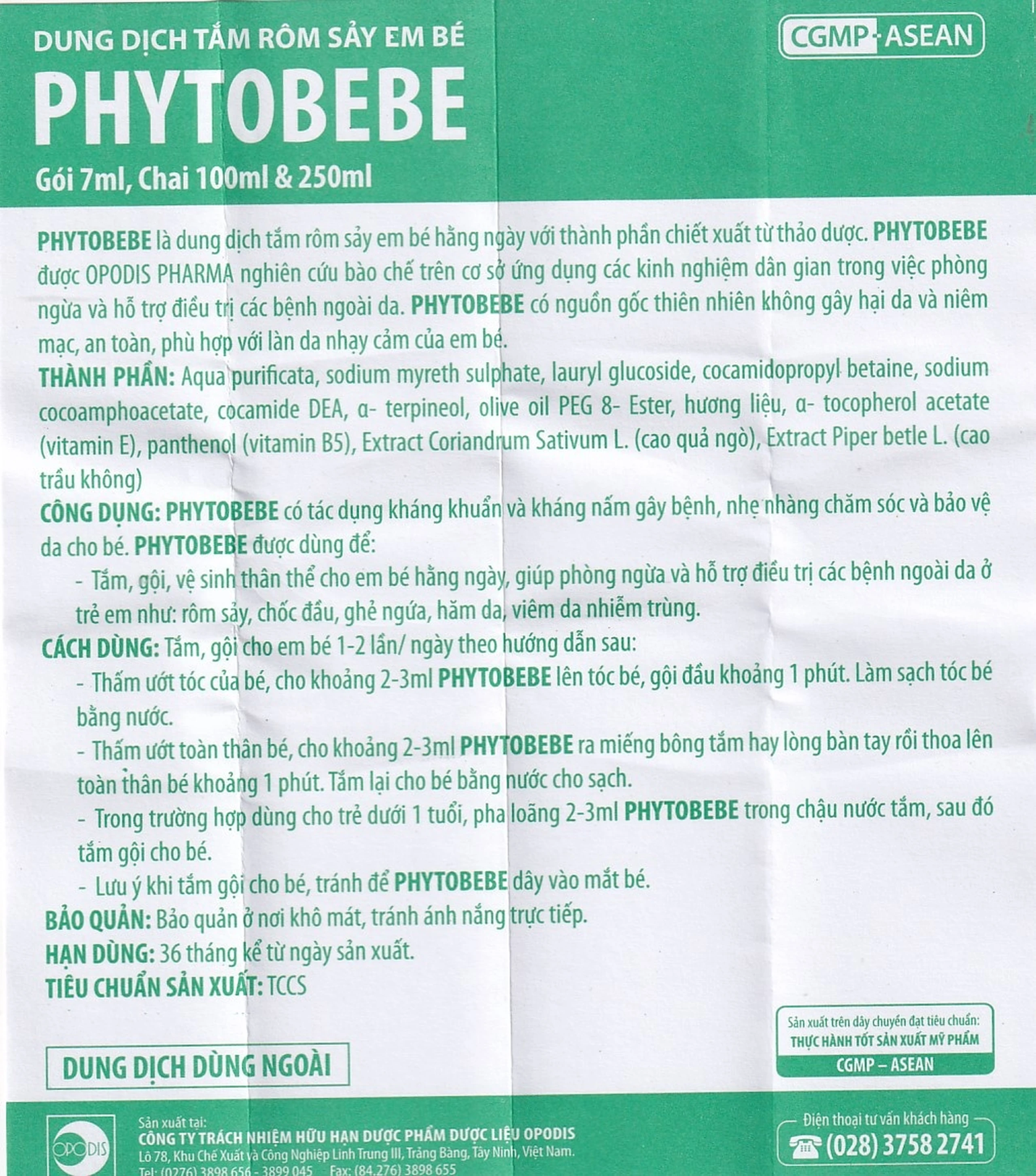 Nước tắm ngừa rôm sẩy, viêm da cho bé Phyto Bebe Opodis 100ml