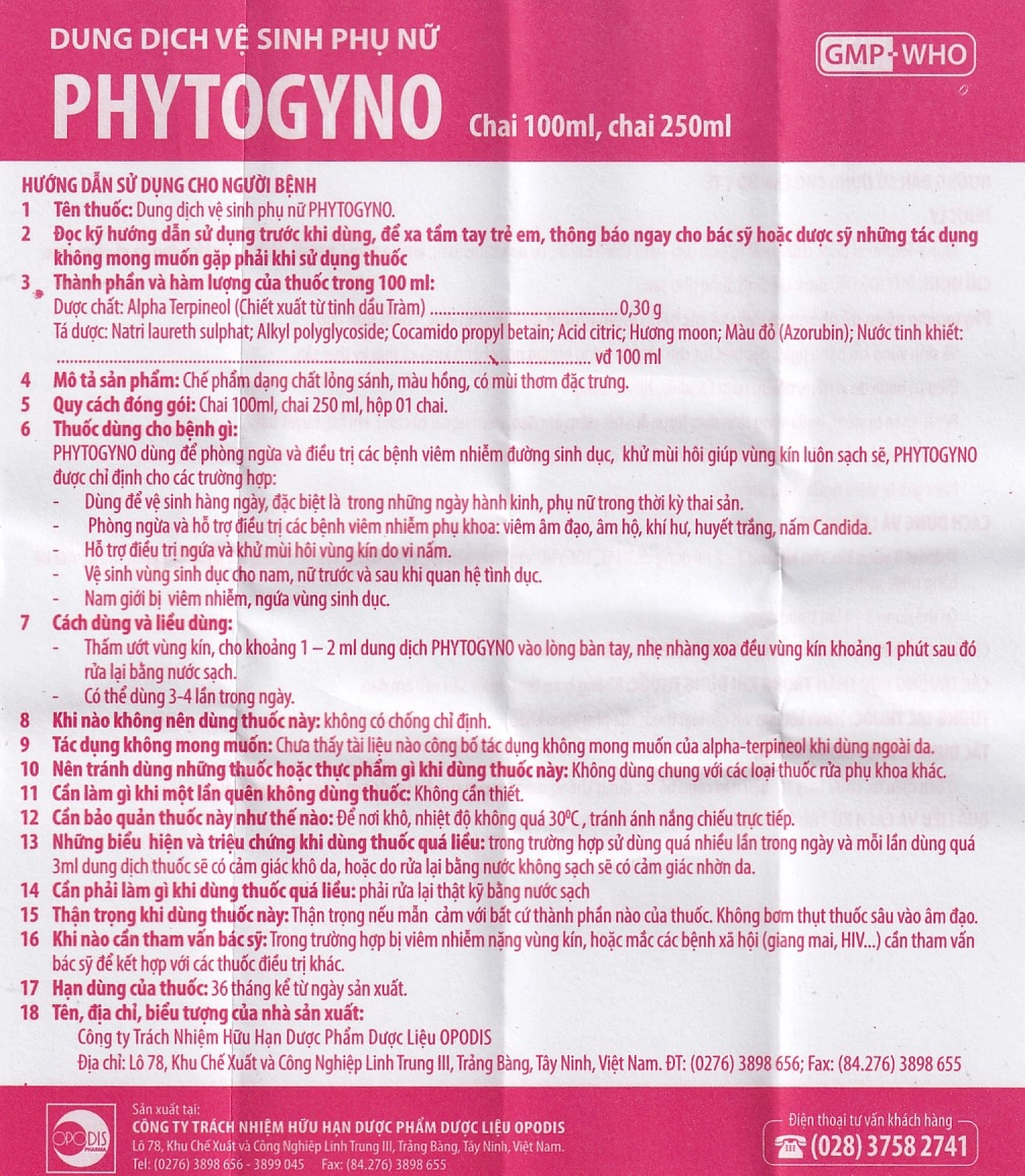 Dung dịch vệ sinh phụ nữ Phytogyno Opodis Pharma điều trị viêm nhiễm đường sinh dục (100ml)