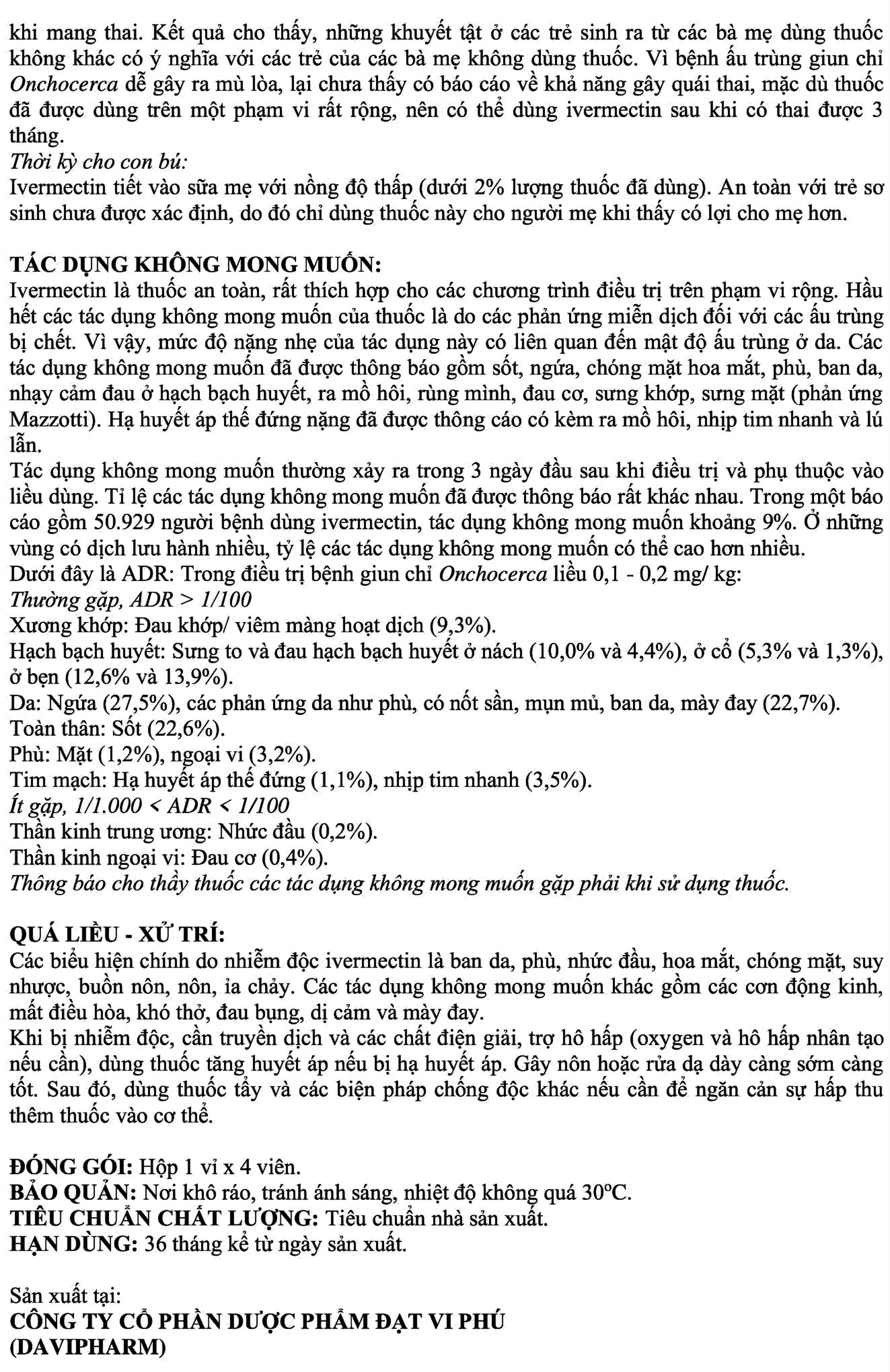 Viên nén Pizar-3 DaViPharm điều trị các bệnh nhiễm trùng do ký sinh trùng, giun chỉ (1 vỉ x 4 viên)	