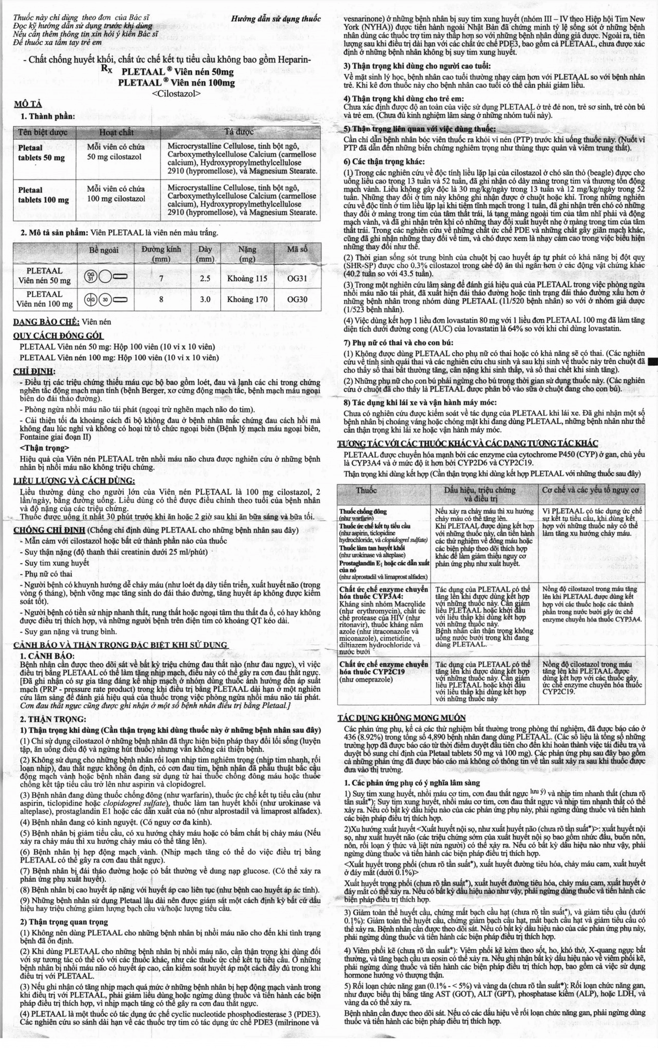 Viên nén Pletaal tablets 100mg Otsuka điều trị các chứng thiếu máu cục bộ (10 vỉ x 10 viên)