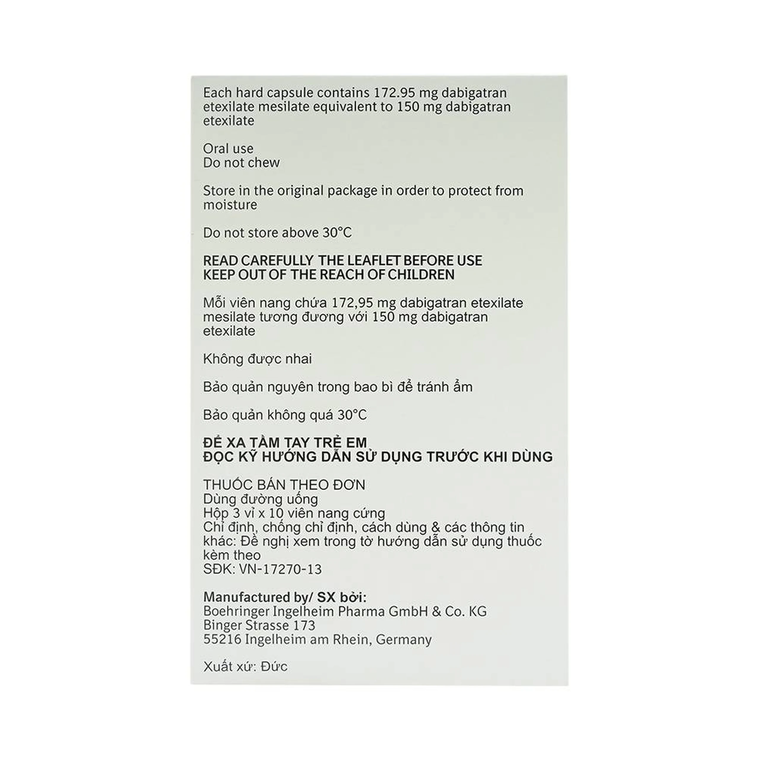 Viên nang cứng Pradaxa 150mg Boehringer phòng ngừa tai biến, đột quỵ (3 vỉ x 10 viên)