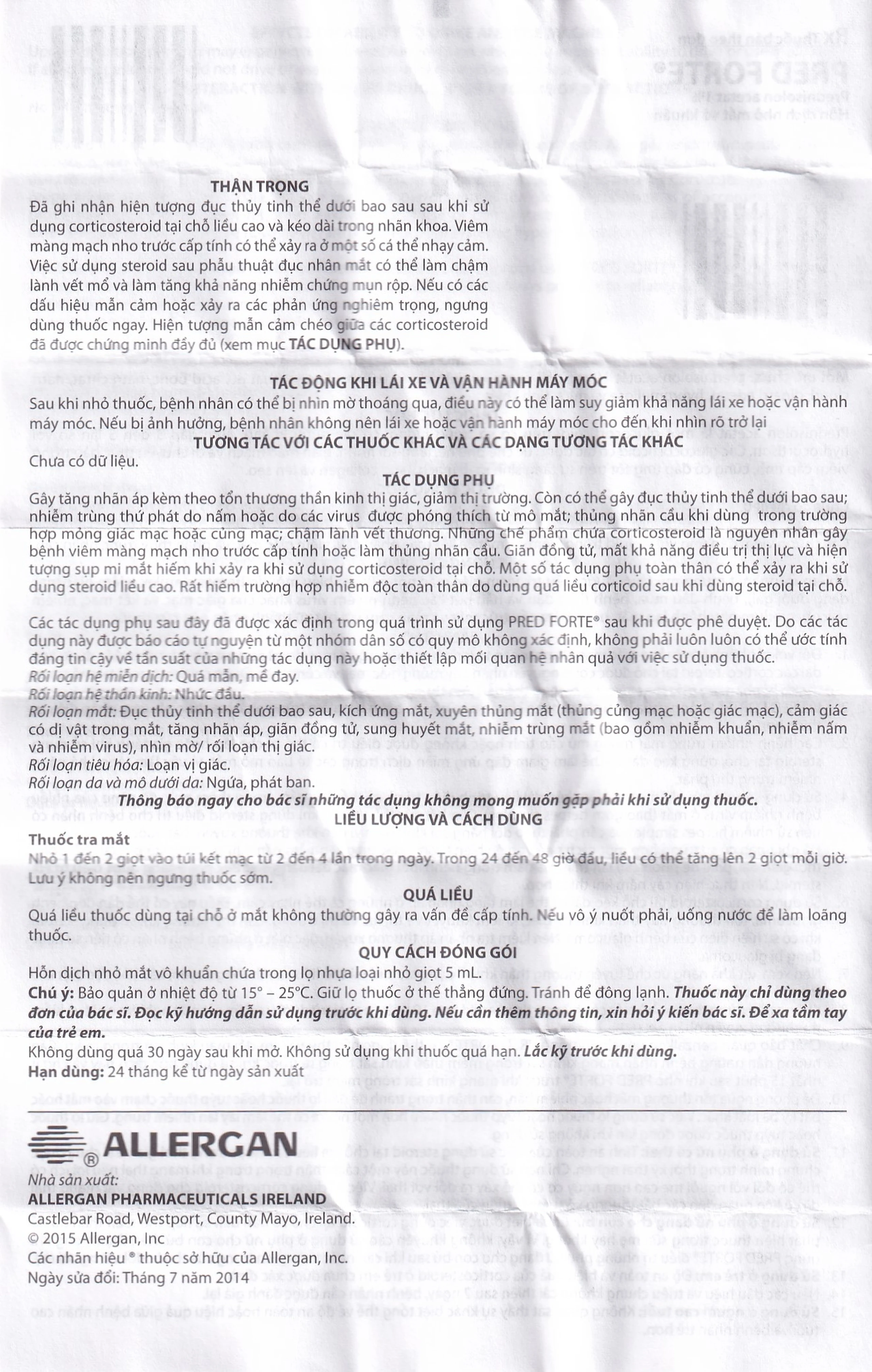 Hỗn dịch nhỏ mắt Pred Forte Allergan điều trị các chứng viêm đáp ứng với steroid (5ml)