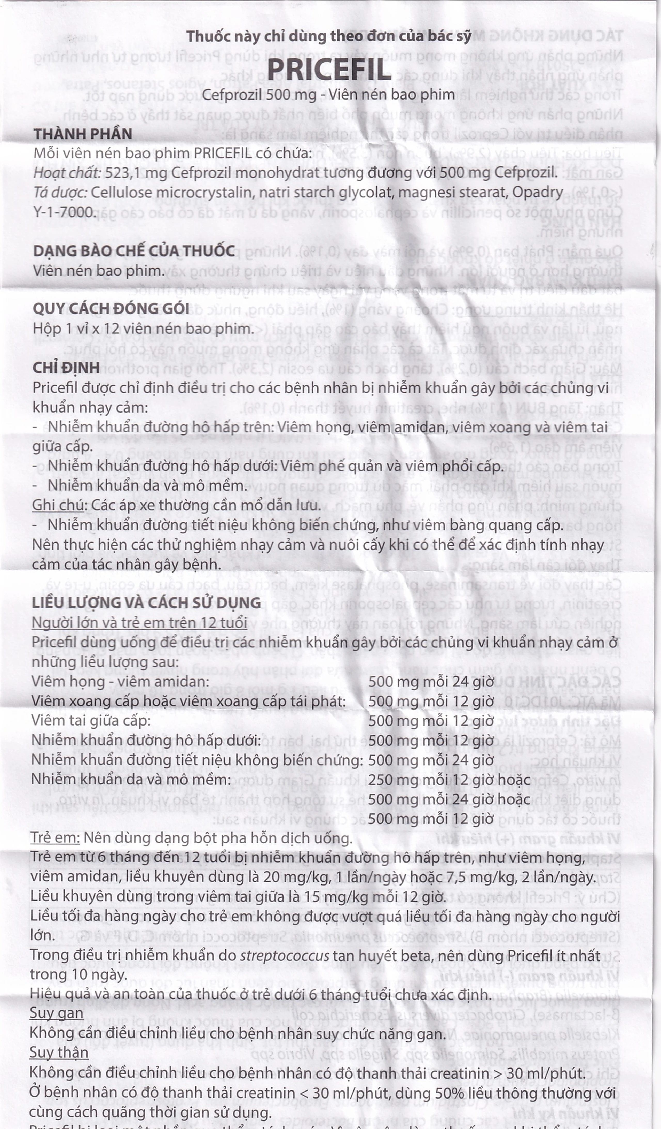 Thuốc Pricefil 500mg Vianex điều trị nhiễm khuẩn đường hô hấp (1 vỉ x 12 viên)