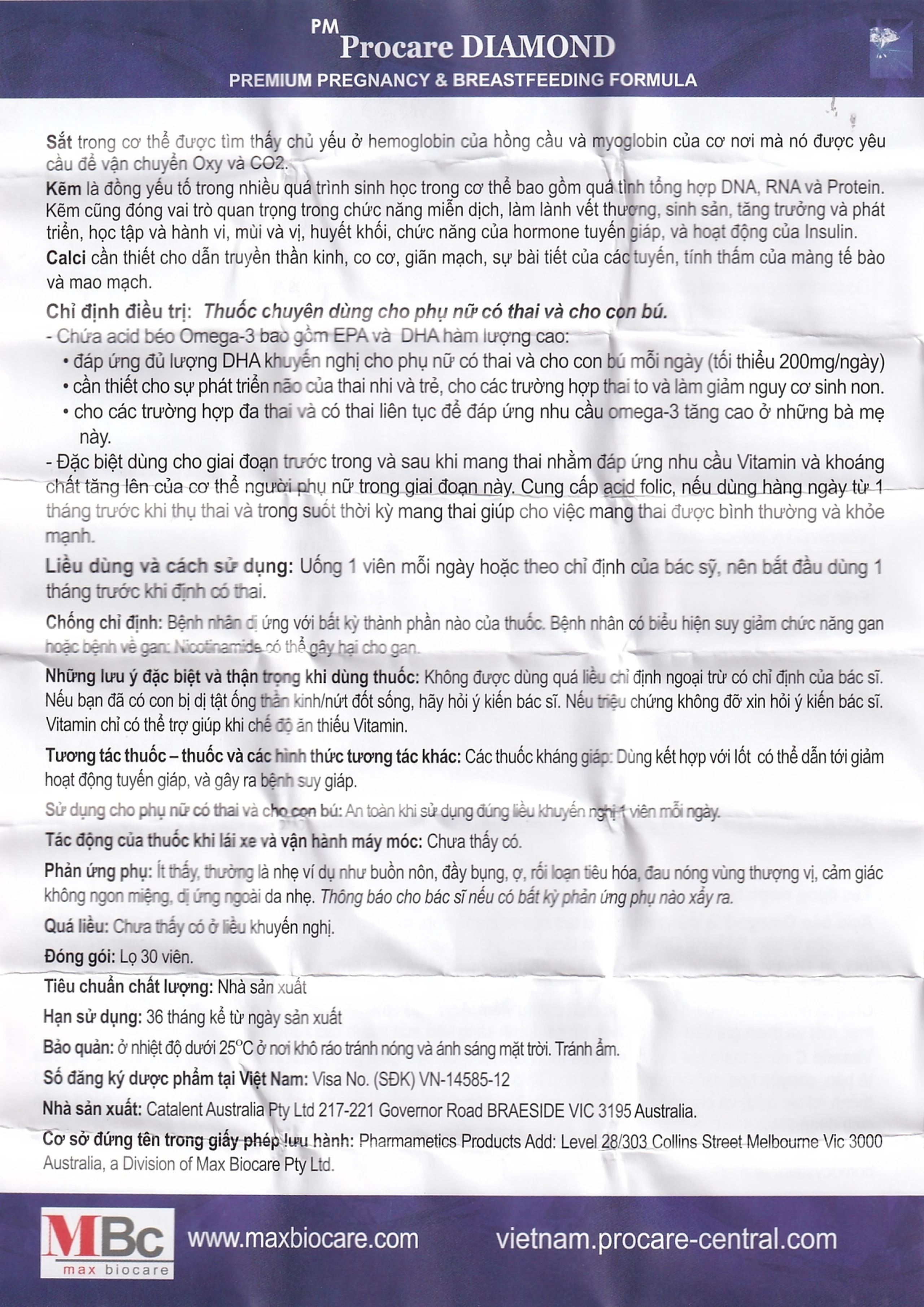 Viên uống Procare Diamond bổ sung khoáng chất cho phụ nữ có thai và cho con bú (30 viên)