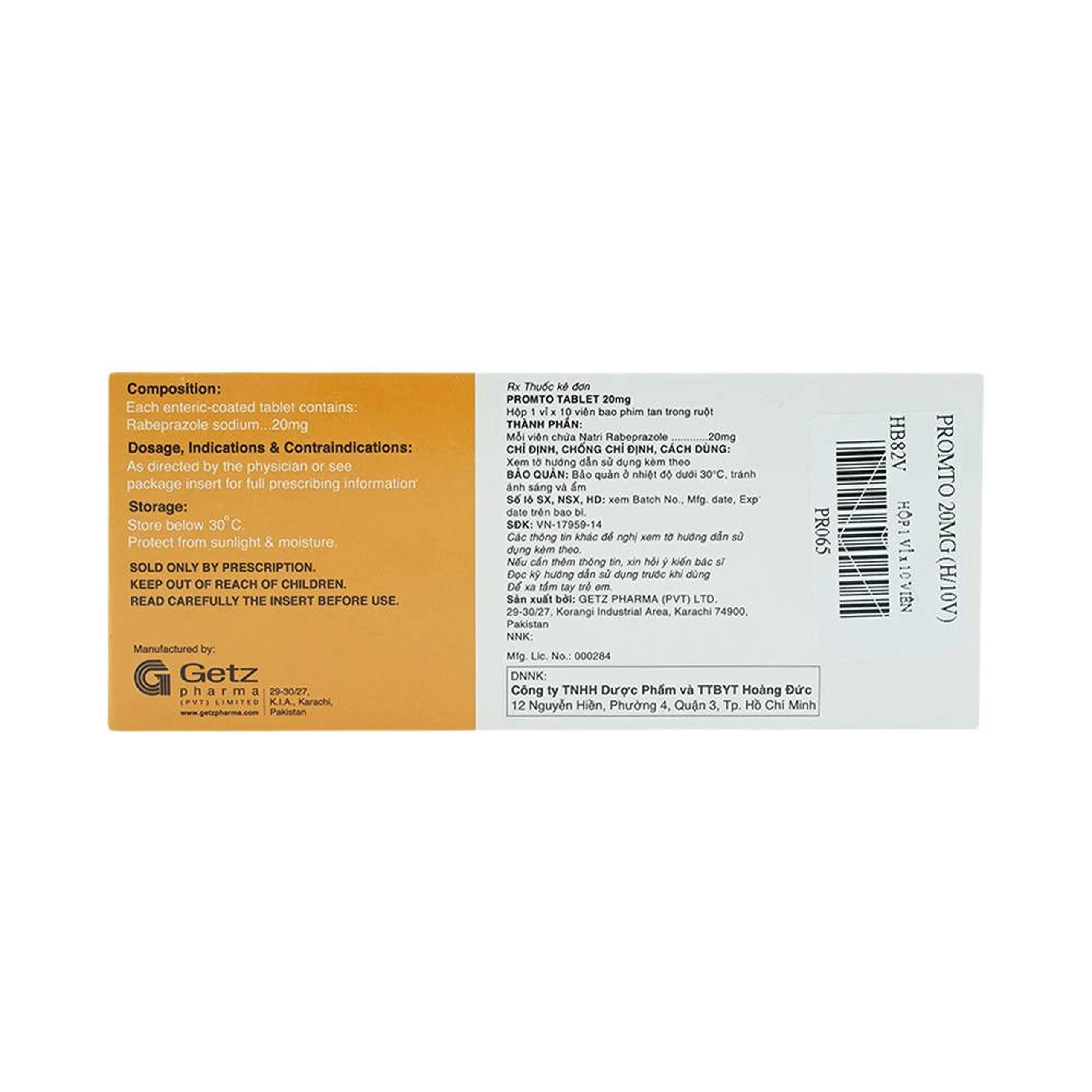 Thuốc Promto 20mg Getz điều trị loét dạ dày, tá tràng (1 vỉ x 10 viên)