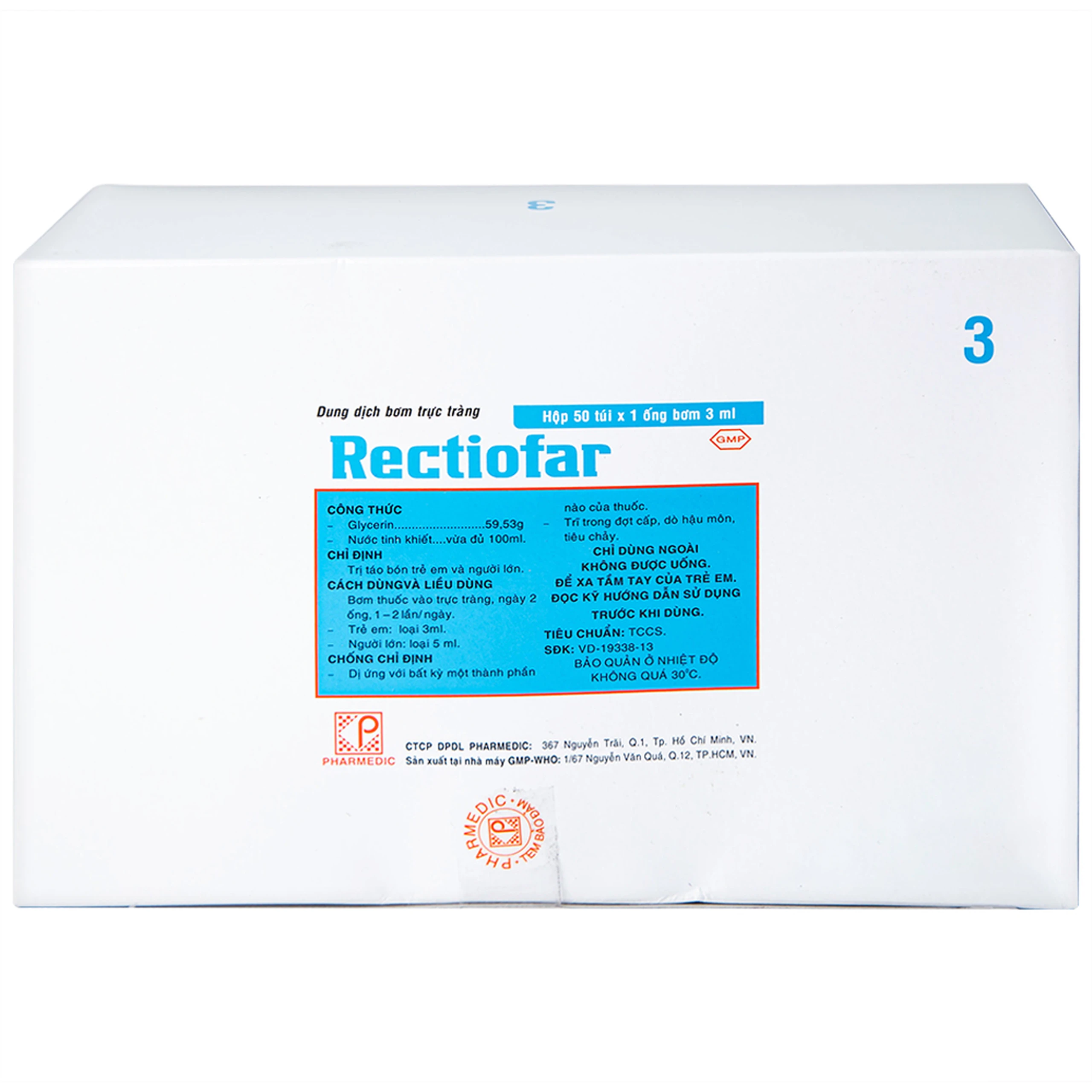 Dung dịch Rectiofar Pharmedic điều trị táo bón (50 túi x 1 ống bơm 3ml)