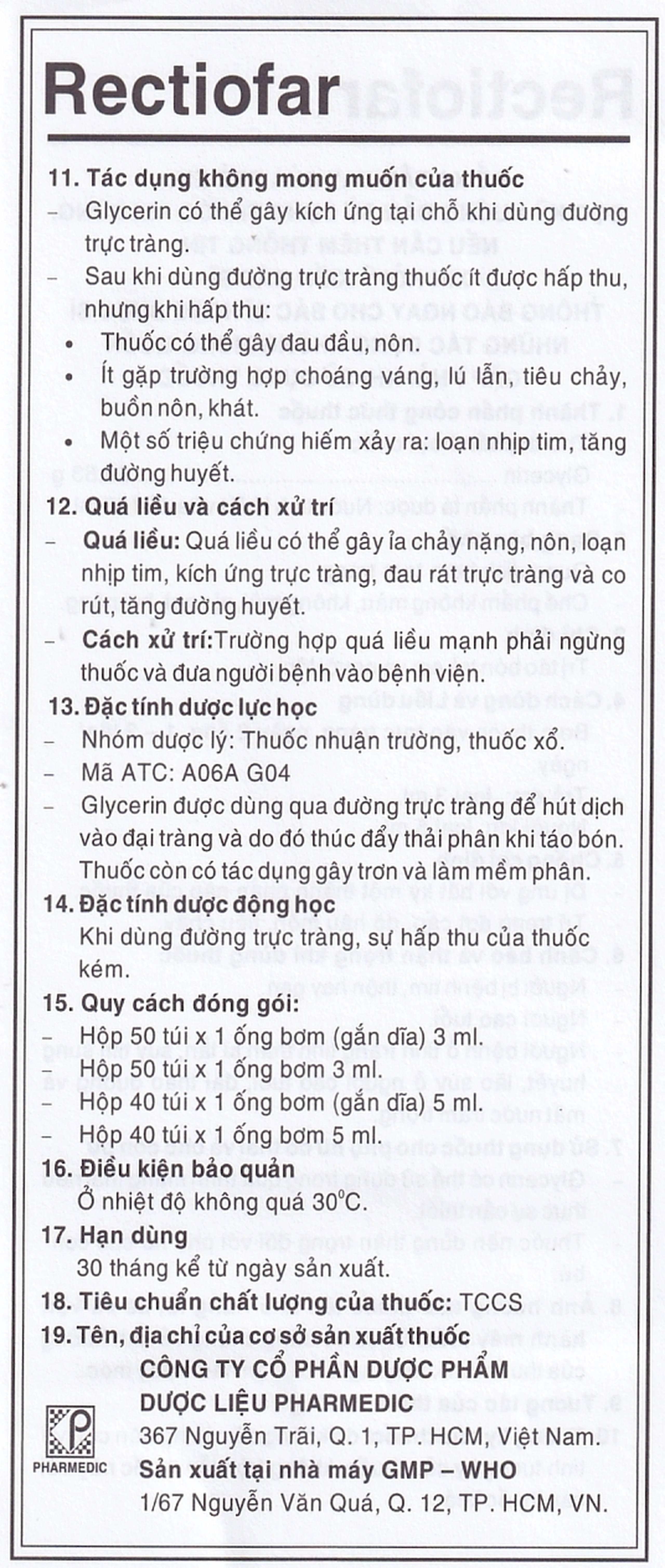 Dung dịch Rectiofar Pharmedic điều trị táo bón (50 túi x 1 ống bơm 3ml)