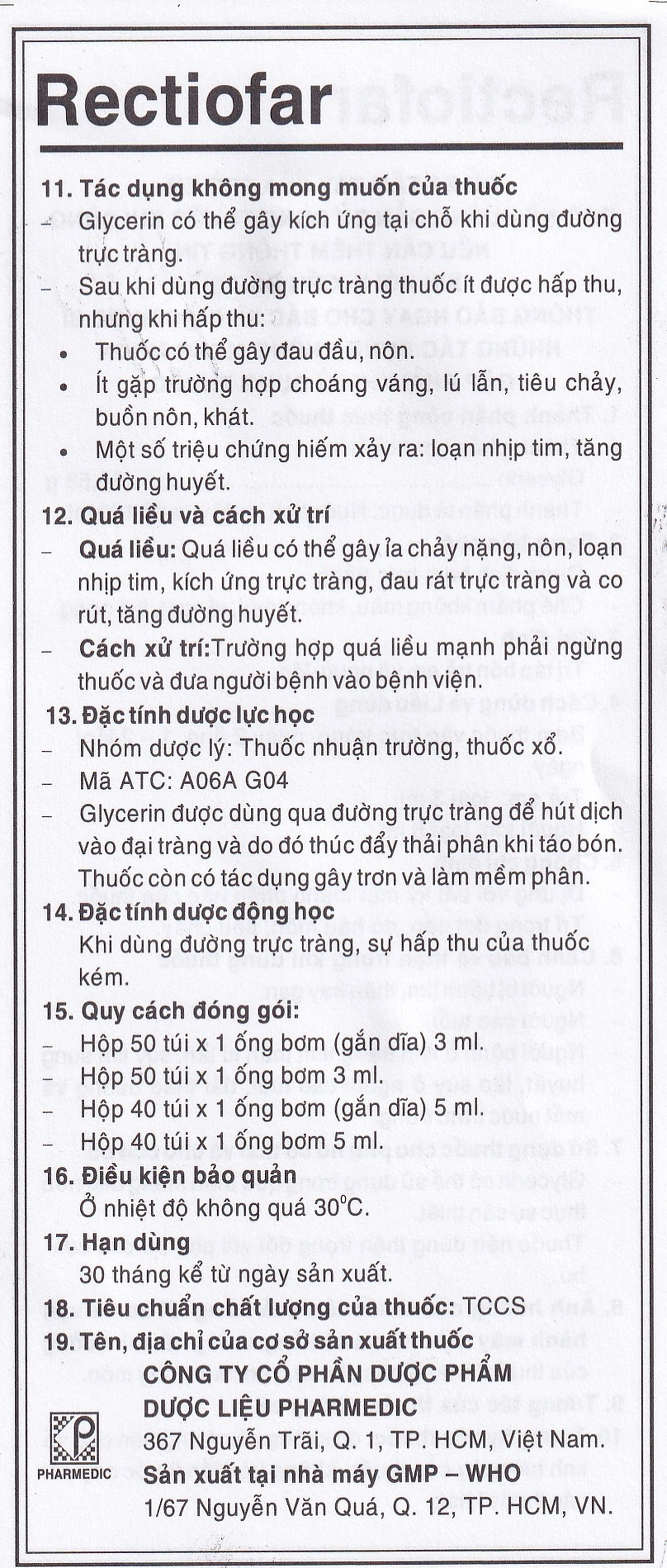 Dung dịch Rectiofar Pharmedic điều trị táo bón (40 túi x 1 ống bơm 5ml)
