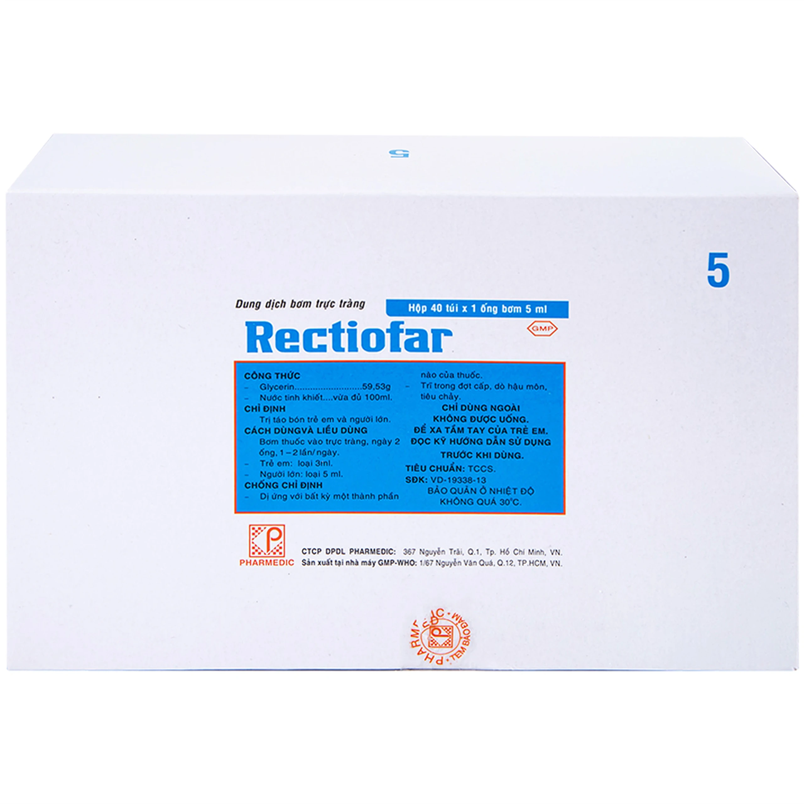 Dung dịch Rectiofar Pharmedic điều trị táo bón (40 túi x 1 ống bơm 5ml)