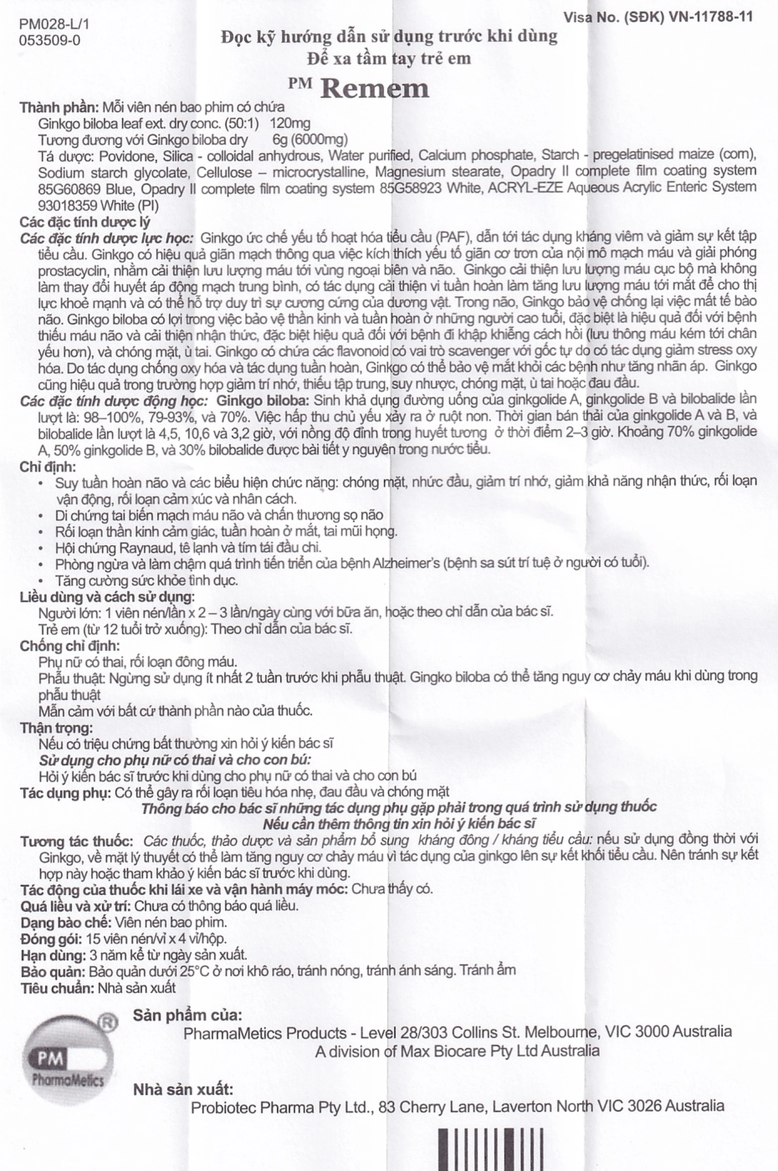 Thuốc Remem Probiotec điều trị suy tuần hoàn não, di chứng tai biến mạch máu não (4 vỉ x 15 viên)