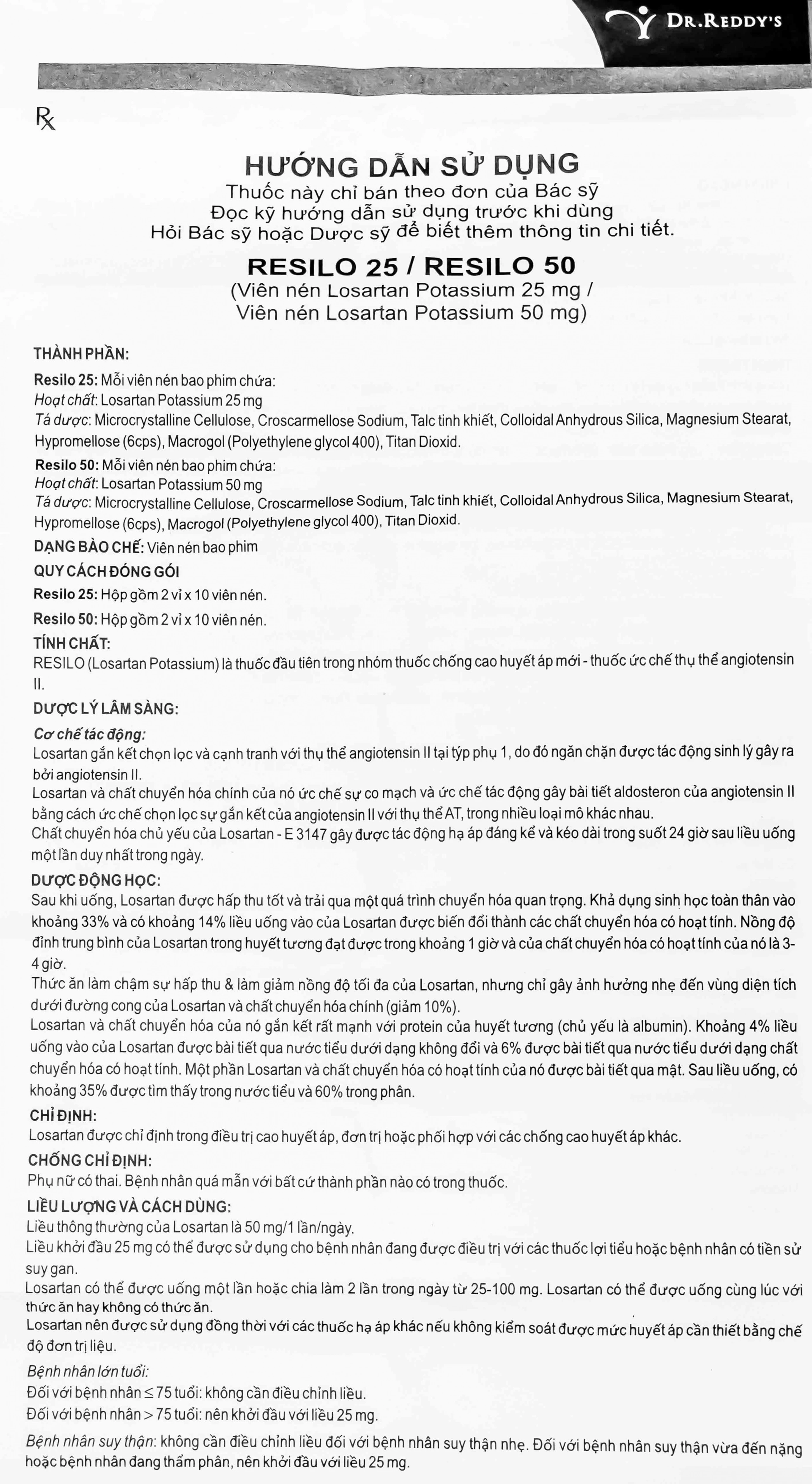 Thuốc Resilo 25 Dr.Reddy's điều trị cao huyết áp (2 vỉ x 10 viên)
