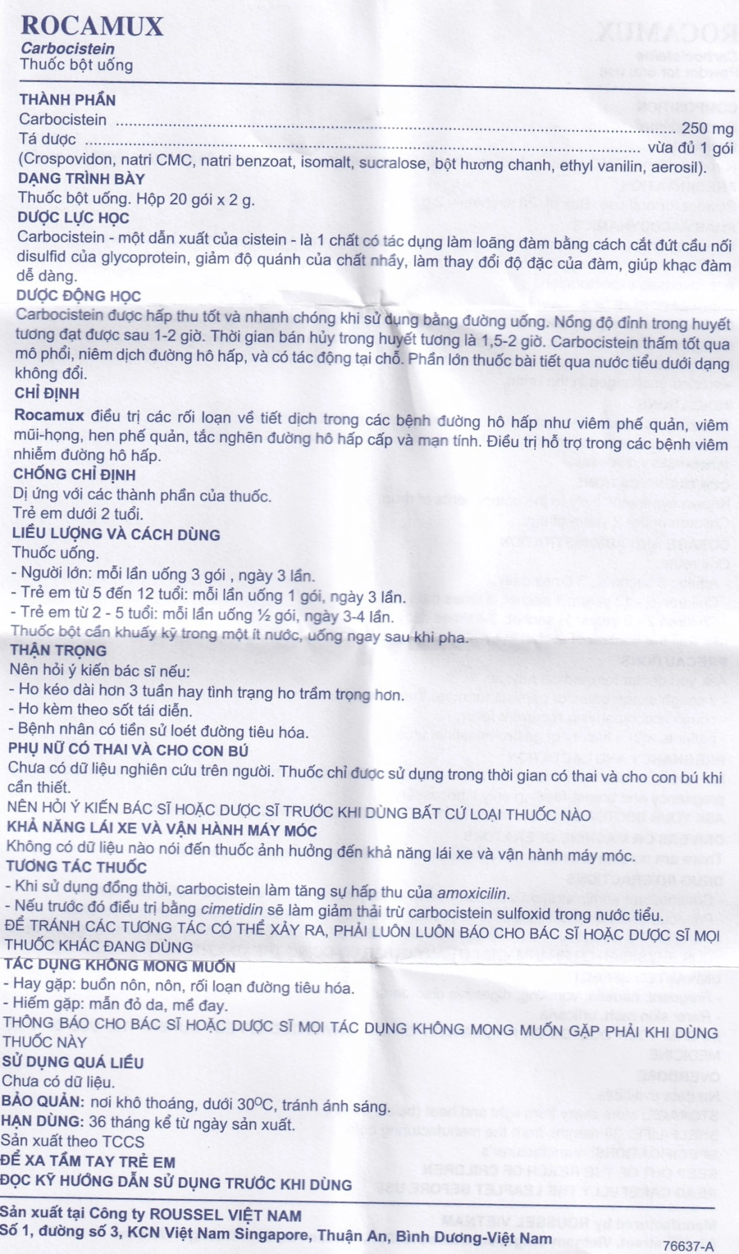 Thuốc bột uống Rocamux Roussel điều trị viêm phế quản, viêm mũi họng (20 gói x 2g) 