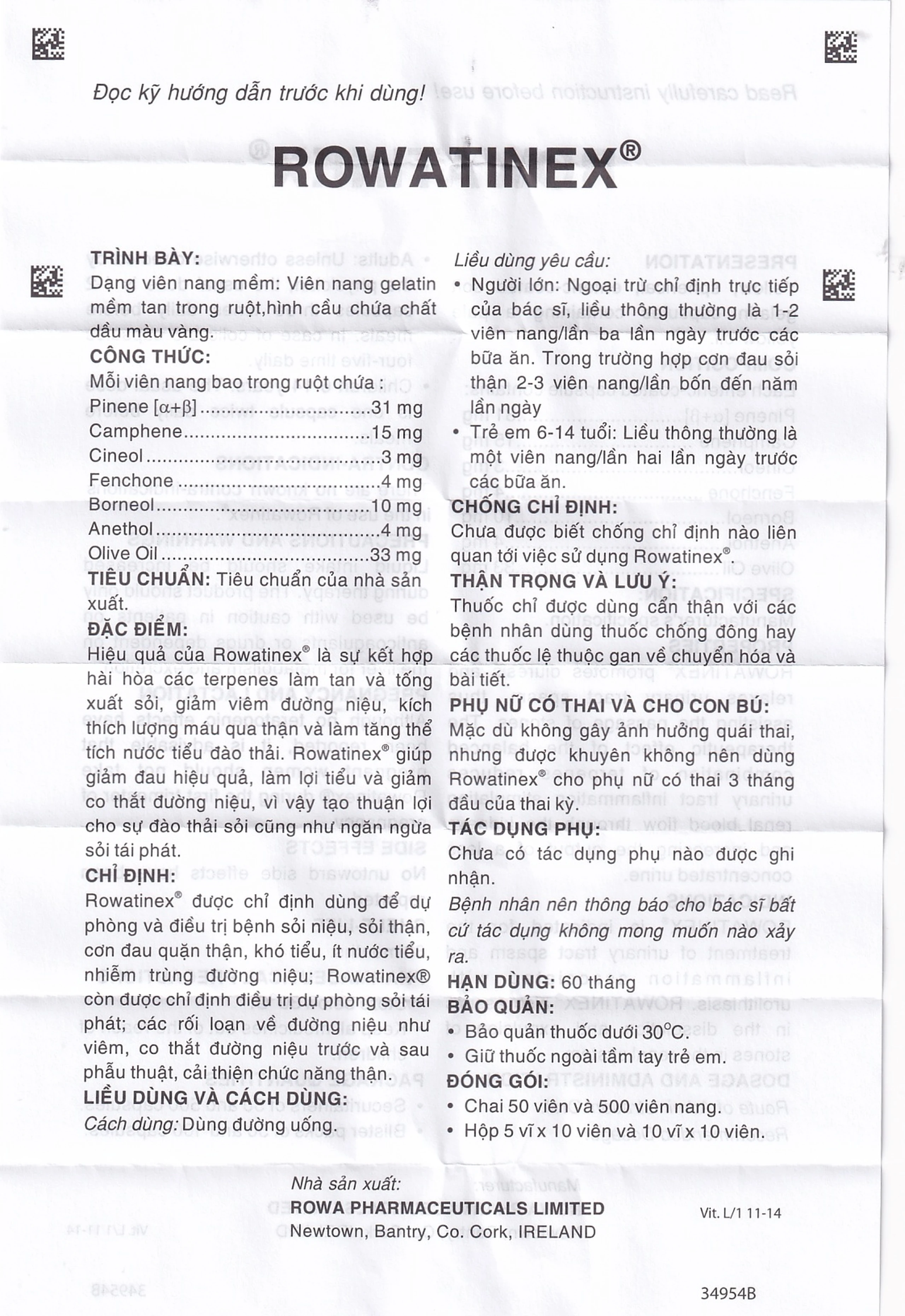 Thuốc Rowatinex Rowa điều trị bệnh sỏi niệu, sỏi thận (10 vỉ x 10 viên)