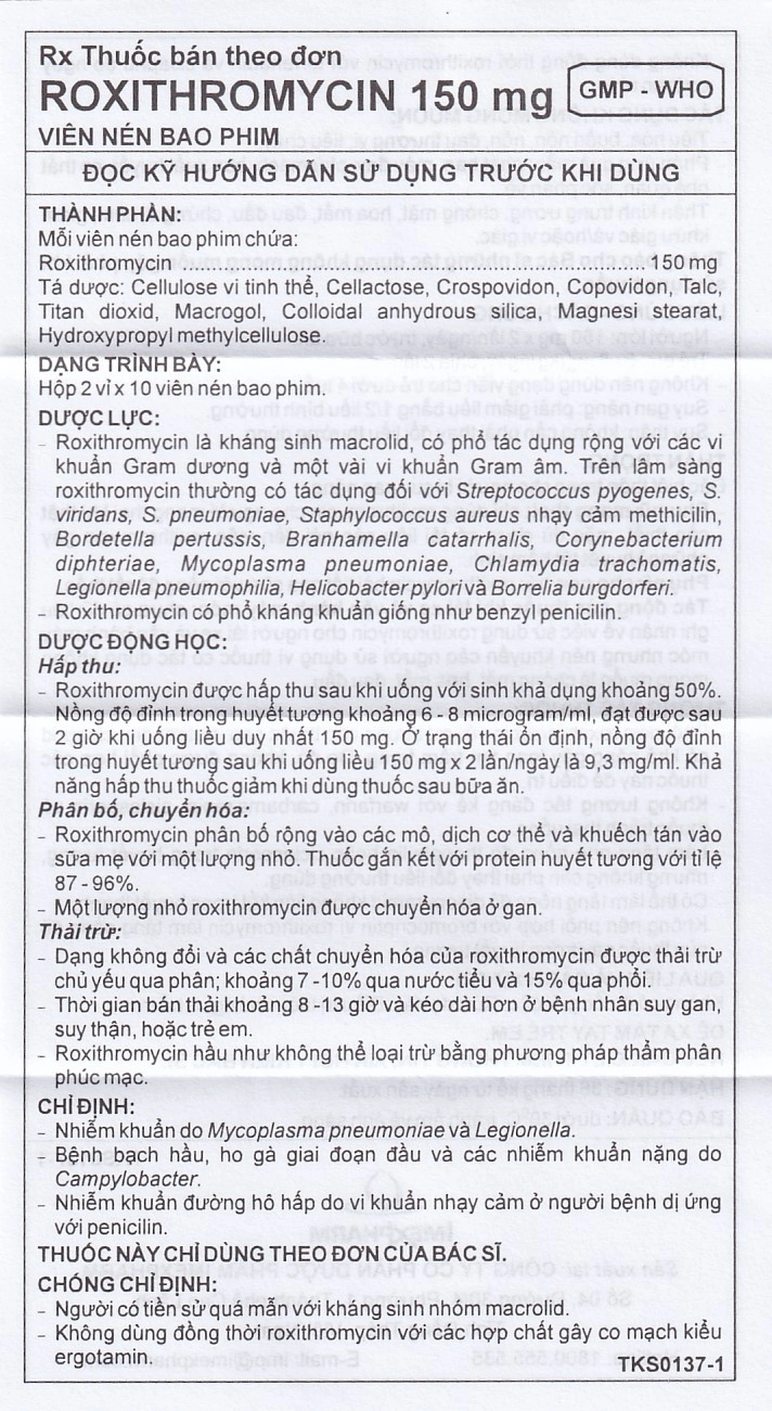 Thuốc Roxithromycin 150mg Imexpharm điều trị các loại nhiễm khuẩn, bệnh bạch hầu, ho gà (2 vỉ x 10 viên)