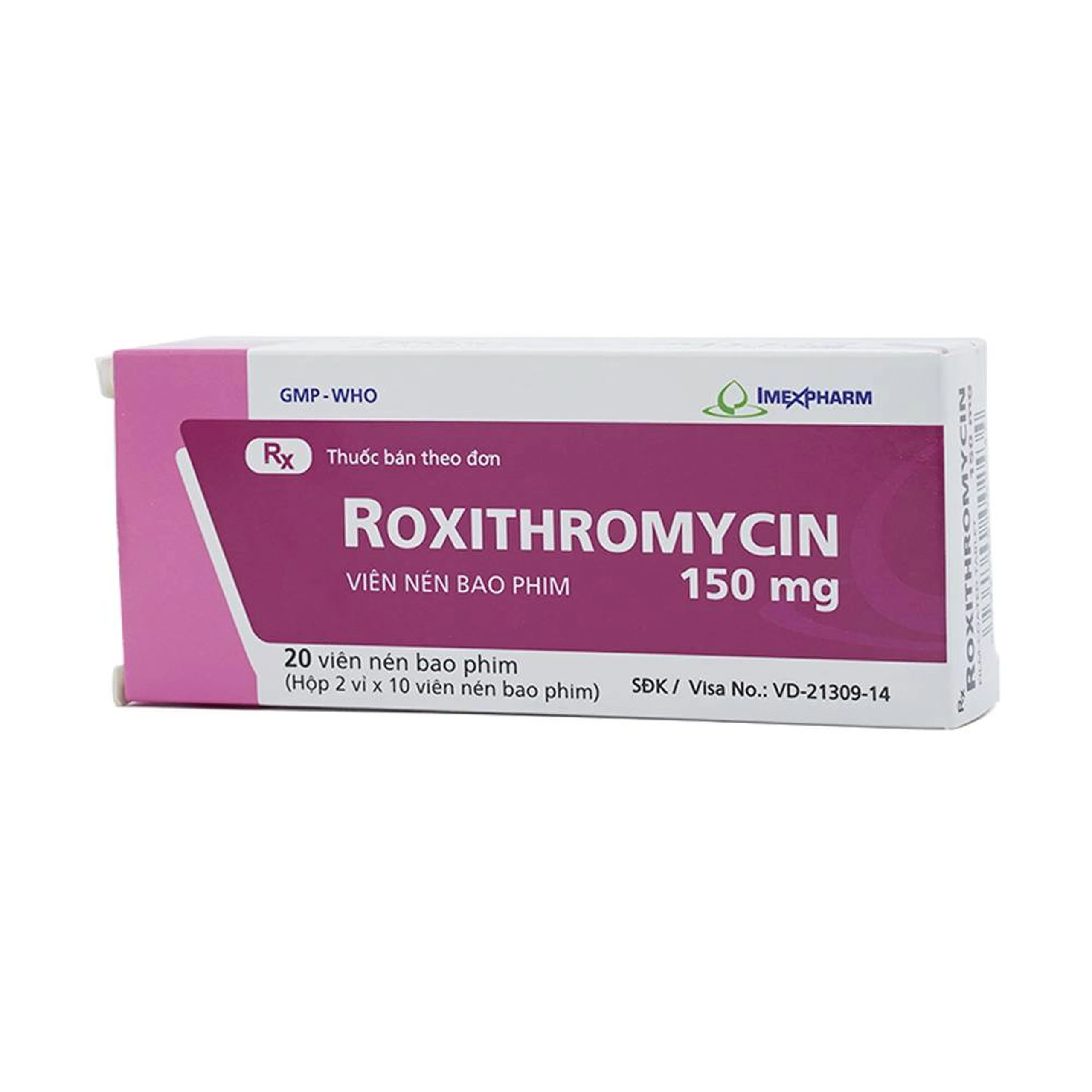 Thuốc Roxithromycin 150mg Imexpharm điều trị các loại nhiễm khuẩn, bệnh bạch hầu, ho gà (2 vỉ x 10 viên)