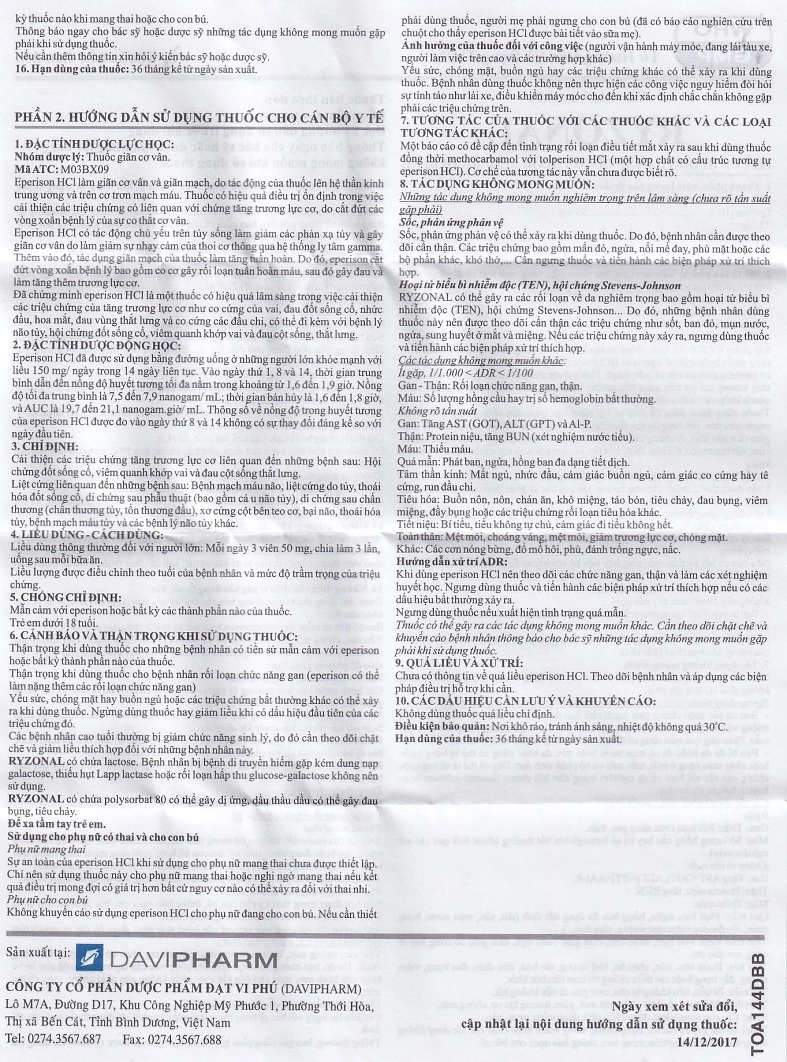 Thuốc Ryzonal Davipharm điều trị hội chứng đốt sống cổ, viêm quanh khớp vai (6 vỉ x 10 viên)