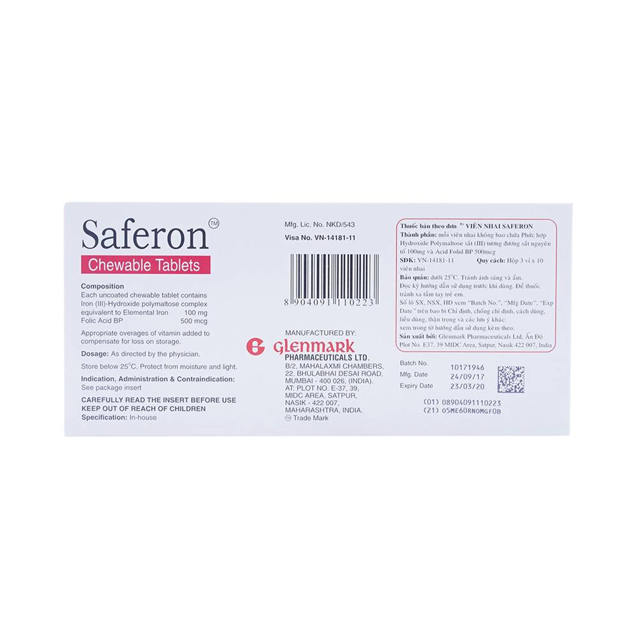 Viên nhai Saferon Glenmark dự phòng và điều trị chứng thiếu máu thiếu sắt (3 vỉ x 10 viên)