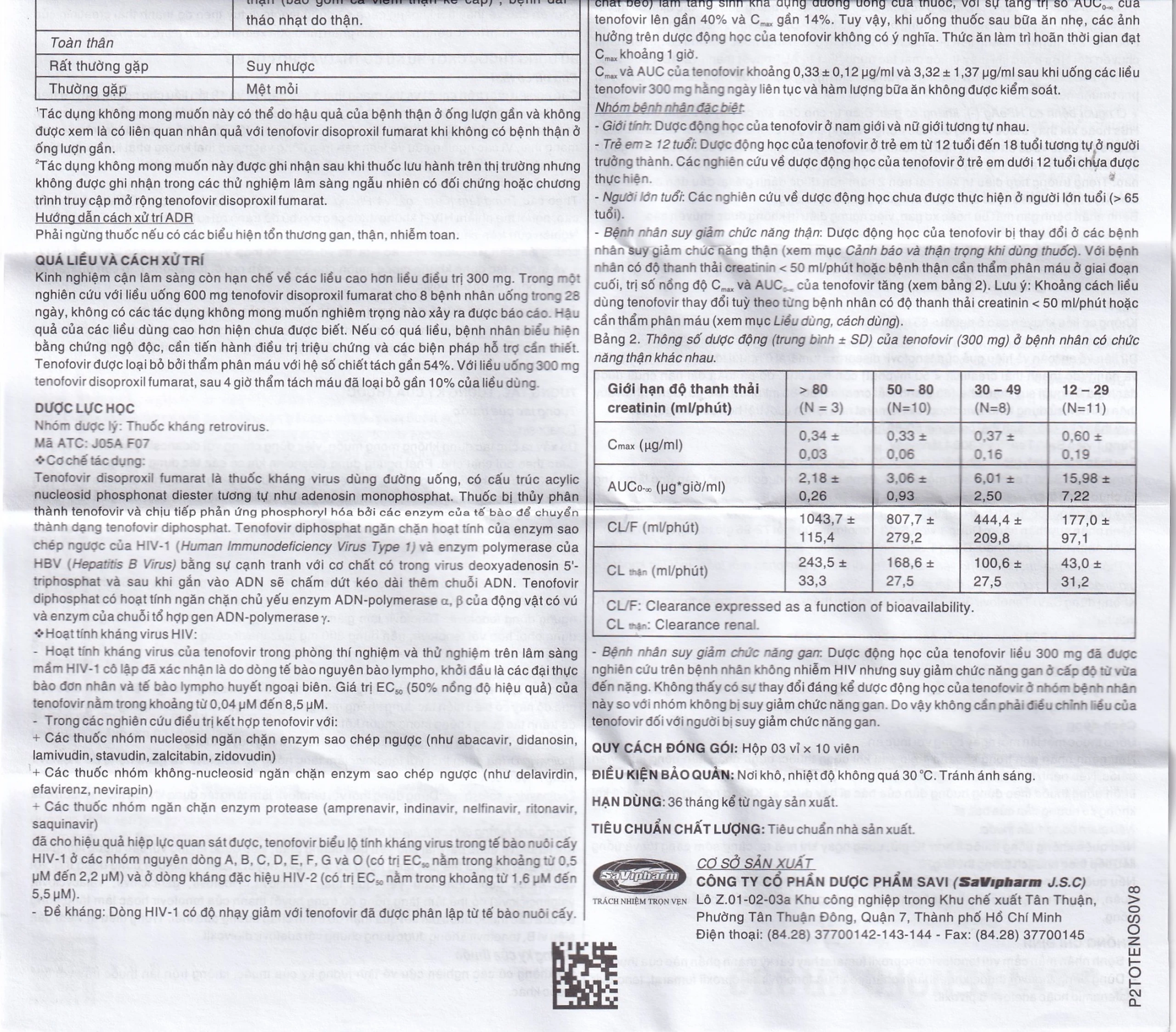 Thuốc Savi Tenofovir 300 điều trị nhiễm HIV-1 ở người lớn (3 vỉ x 10 viên) 